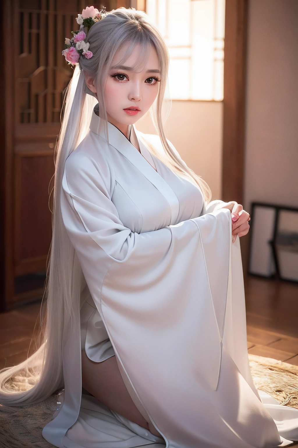 ulzang-6500-v1.1,(RAW photo:1.2),((Photorealistic:1.4))Best quality ,Masterpiece, illustration, An extremely delicate and beautiful, Extremely detailed ,CG ,Unity ,8K wallpaper, Amazing, finedetail, Masterpiece,Best quality,offcial art,Extremely detailed Cg Unity 8K wallpaper,absurderes, unbelievable Ridiculous, hugefilesize, Ultra-detailed, A high resolution, Extremely detailed,Beautiful detailed girl, Extremely detailed eyes and face, Beautiful detailed eyes,light in face,Cinematic lighting,((Hanfu)),1girll,full bodyesbian,full body shot of,See-through,view the viewer,((White hair)),((blissful))