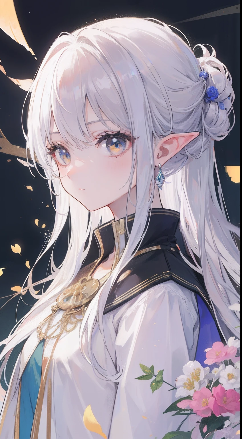 1 girl, Wearing a priestess uniform, White hairstyle split flower, Her hair is beautifully tied with cute clips, sharp golden eyes, She is an elf beauty with medium ((20-year-old face)) ((No more than one person))