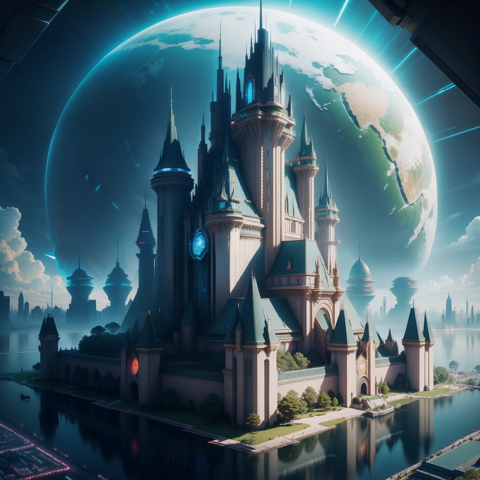 cyberpunked epcot Super huge castle Huge skyscrapers futuristic cities top-quality masterpiece 超A high resolution dream planet earth