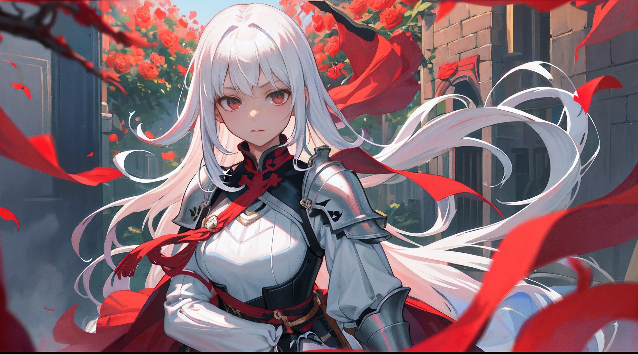 A teenage girl,White hair and red eyes,long whitr hair,Original Character、fantasy concept art、Volumetriclighting、Best shadow、shallowdepthoffield、Portrait of a noble knight、Dignified、Sophisticated tactical heavy armor、Tassel waistband、Hand Guard、Pauline、High quality armor texture,sword sheath,Stand up,arms folded,Gaze towards the viewer,Dazzling sunlight,Rose garden,Rose thorn shrub,(HighestQuali,astonishing detail:1.25),(独奏:1.3),Brilliant and colorful paintings