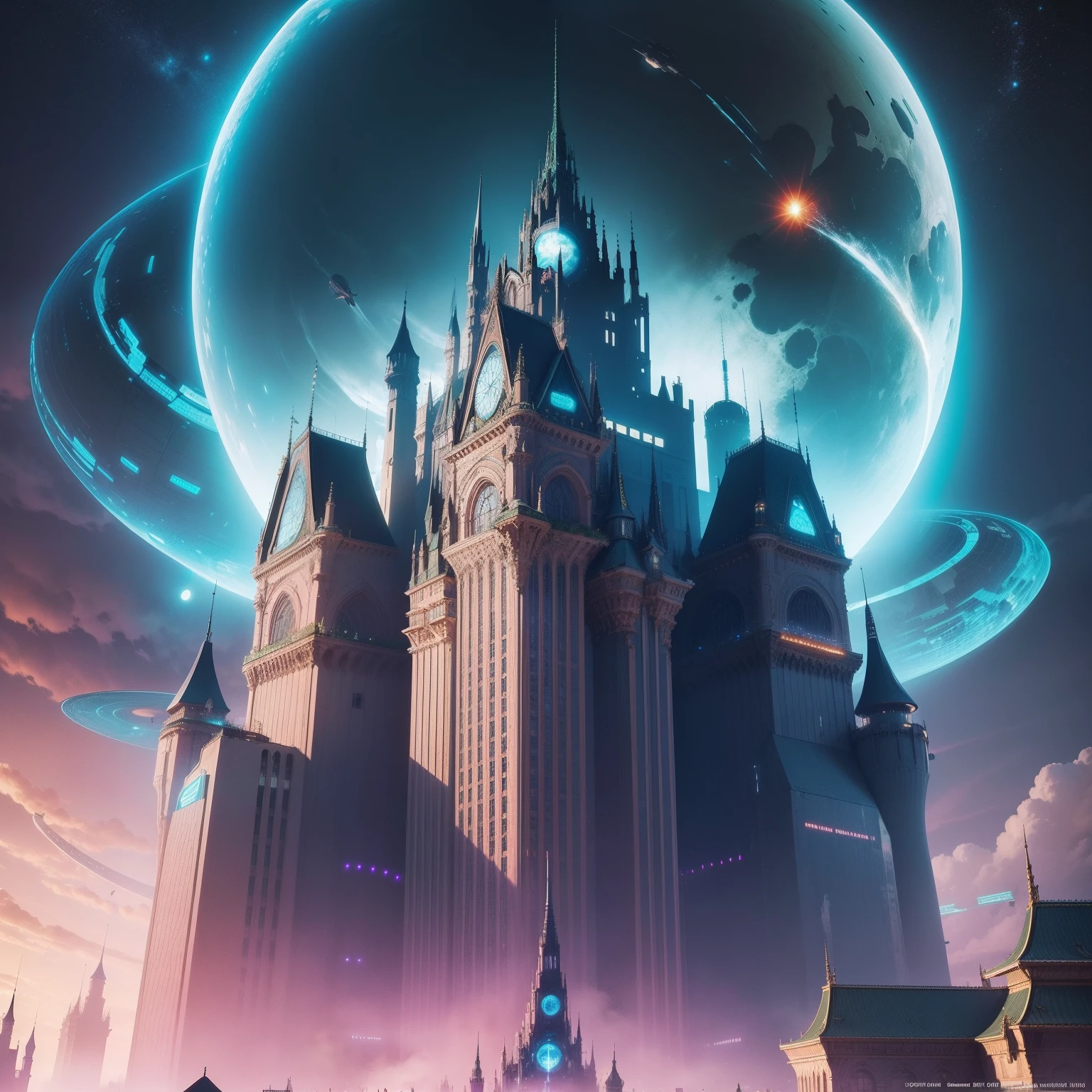cyberpunked epcot Super huge castle Huge skyscrapers futuristic cities top-quality masterpiece 超A high resolution dream planet earth
