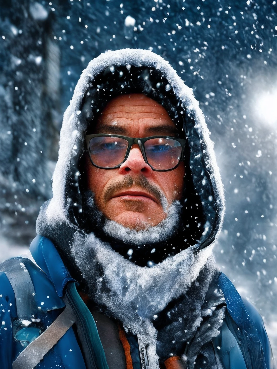 A hyper-realistic scene with a man wearing glasses;, com uma xicara de cafe fumegante na mao, Dress in thick hooded Eskimo clothes. His face is detailed, displaying the effects of extreme cold with an icy appearance. He has his arms crossed and wears thick gloves to protect himself from the cold. The scenery is snowy, Icy city where it's actively snowing. Essa cena hiper-realista, captured in ultra-high definition (8k), depicts the intense cold and hardships faced in this icy Arctic environment.