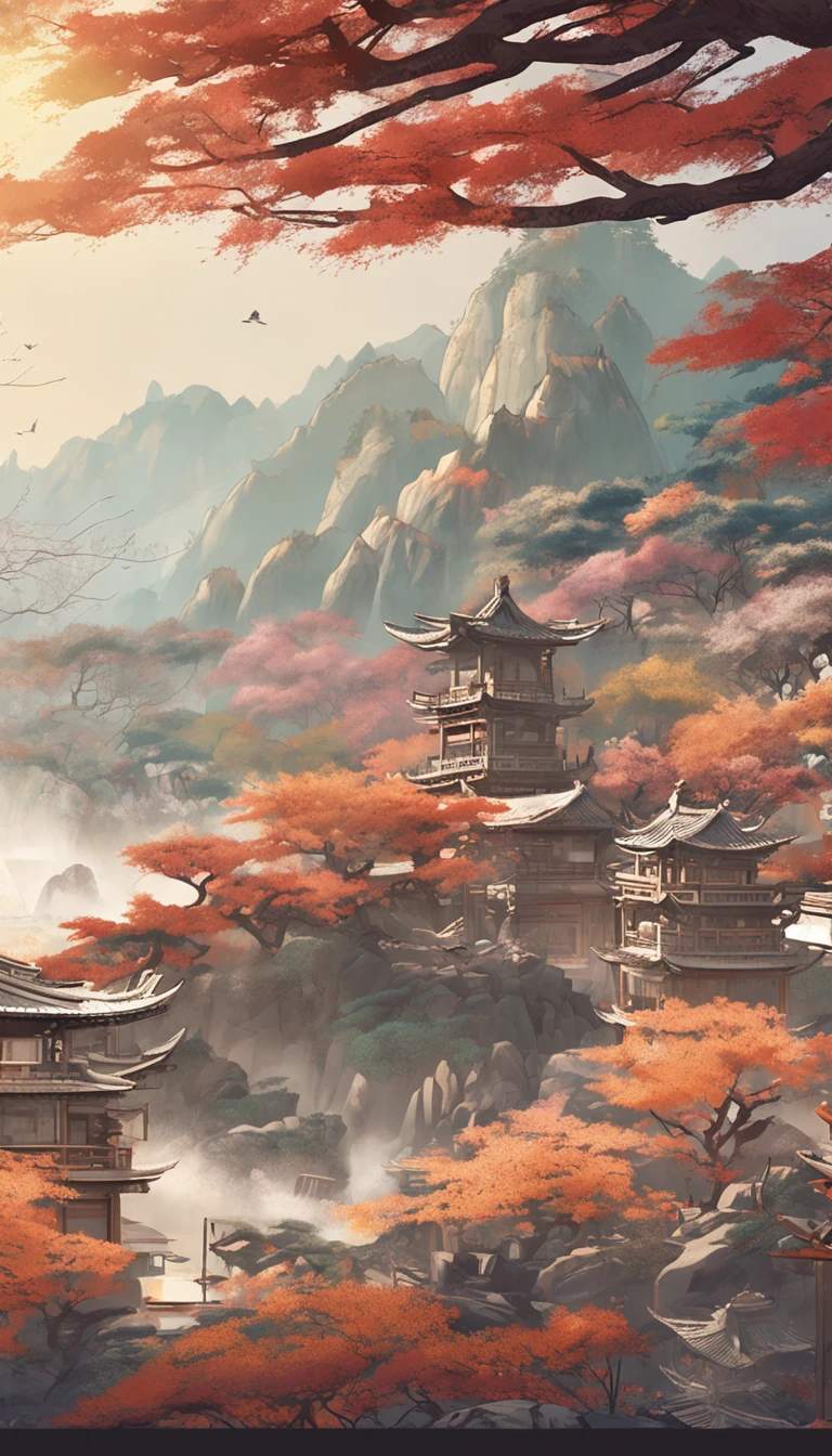 An idyllic Chinese mural, Light look color and white style, Layered landscape, japanese style art, monumental murals, Ricoh FF-9D, Golden Age aesthetics, Exotic landscape
