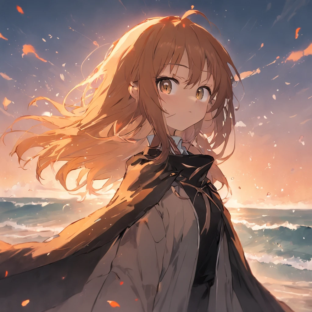 tan hair,Girl in black cloak,Have by the sea,closeup cleavage,brightly,balmy,Sunnyday,rays of sunshine,Perspective painting,Big perspective,wide wide shot,tmasterpiece,best qualtiy