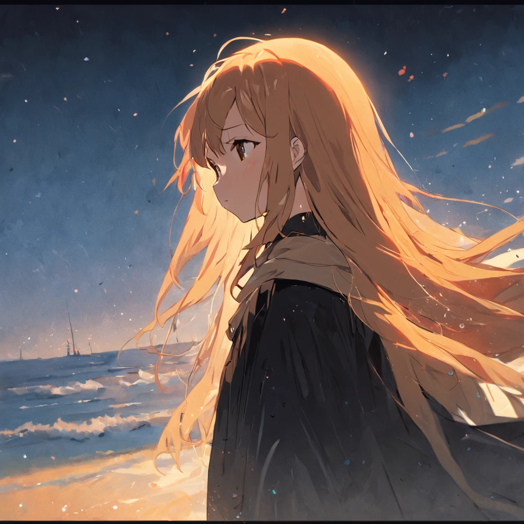 tan hair,Girl in black cloak,Have by the sea,closeup cleavage,brightly,balmy,Sunnyday,rays of sunshine,Perspective painting,Big perspective,wide wide shot,tmasterpiece,best qualtiy