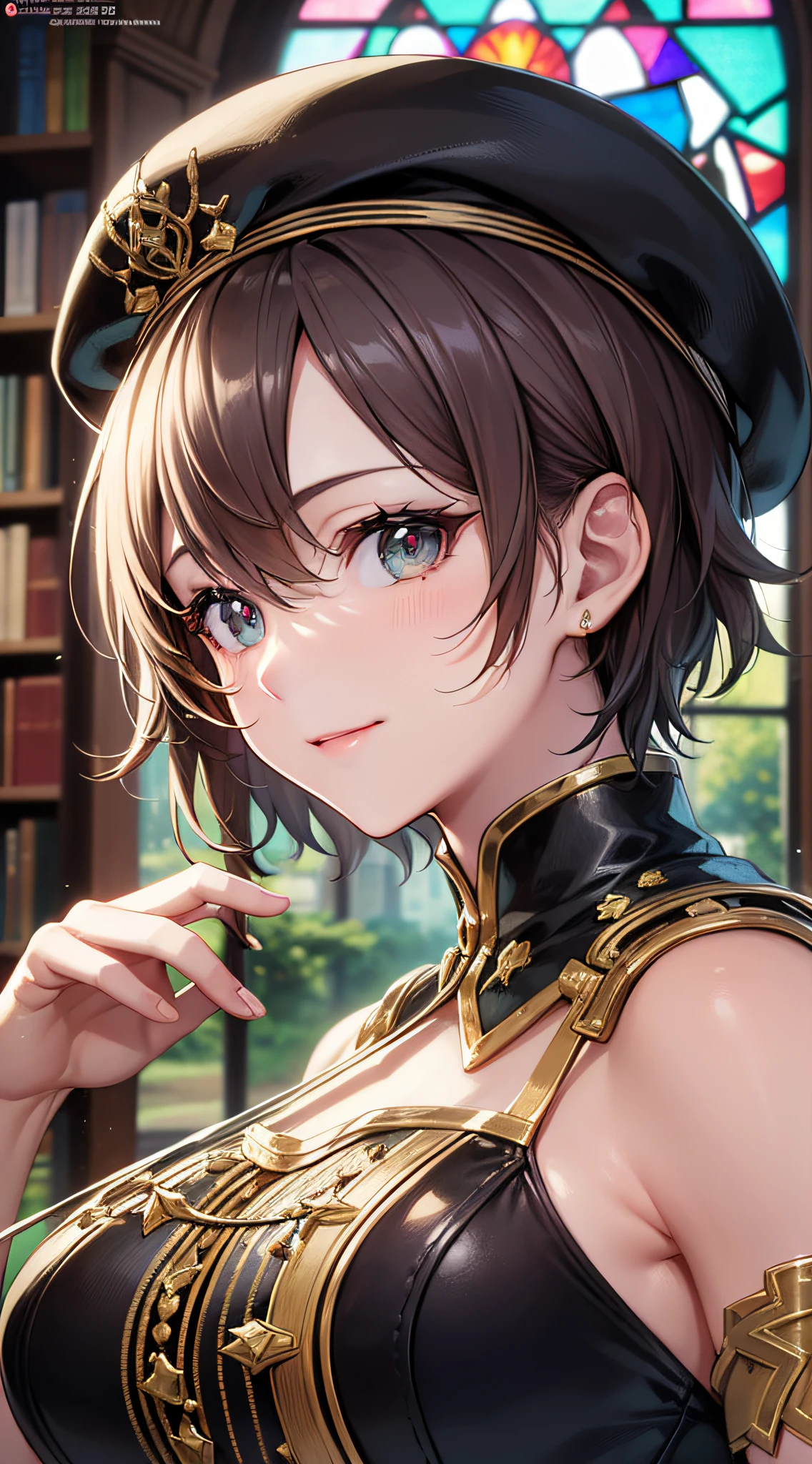 ((best-quality)), ((masterpiece)), (ultra- detailed:1.4),(32k images),(Ultra-high detail),Best Anime,Sharpness,The best wallpapers,Manipulation of light:0.9,Fantastical,(wise man),Smile,Fantasy World Library 1.5, (Perfect anatomy without destruction),(Beautiful eyes with detailed and detailed details,Lustrous eyes),(Beautiful robes with detailed details:1.1),(Glossy short hair:1.4),beret,Sparkling light:0.7,,Having ancient documents,stained glass,0.8,lamp:0.7,Librarian's Desk:1