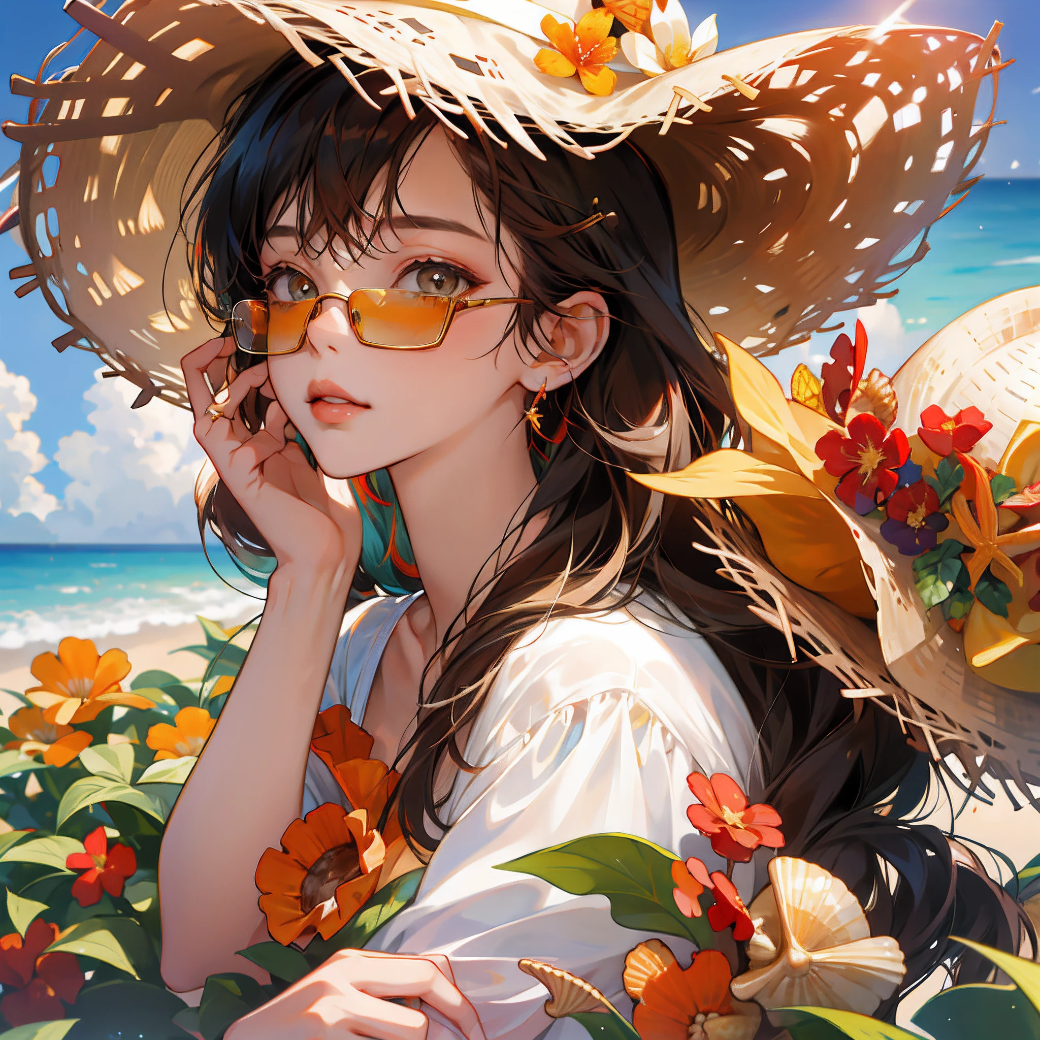 absurdres, highres, ultra detailed, 1girl, solo, extremely detailed eyes, starfish, seashell, shell, flower, hat, hair ornament, jewelry, straw hat, looking at viewer, sunglasses, hat flower, drinking straw, hairclip, earrings, red flower, tinted eyewear, yellow flower, bangs, english text, multicolored hair, orange flower, black hair, ring, cup, long hair, orange-tinted eyewear, food, brown hair, portrait, shell hair ornament