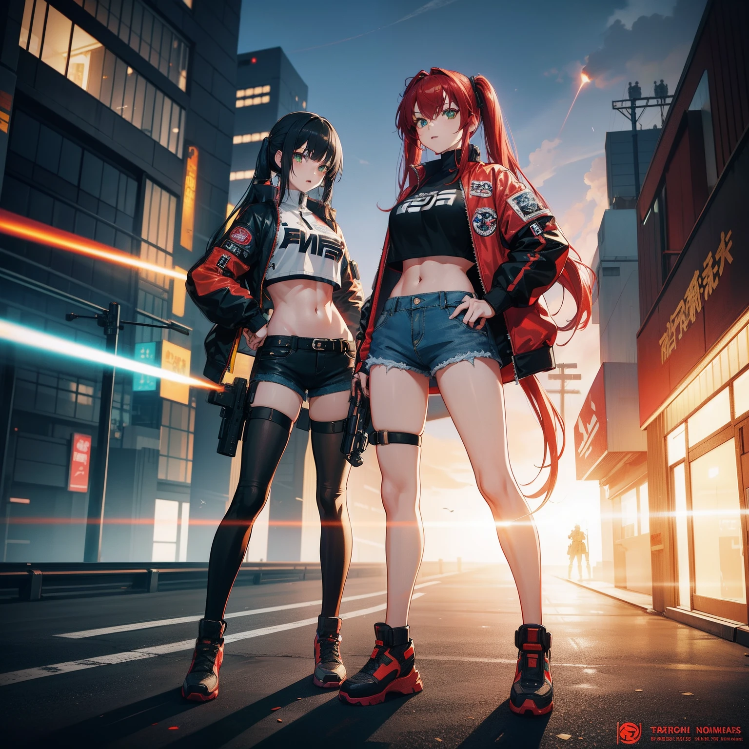 Full body shot, female asian Irina Shidou red hair twintails green eyes, in a cyberpunk city, wearing a bomber jacket and crop top and denim shorts, standing next to a Nissan GT-R, holding a big machine gun, holding a long laser rifle, shooting laser rifle, rapid fire, explosions, frontal shot, behind shot, masterpiece, highly detailed