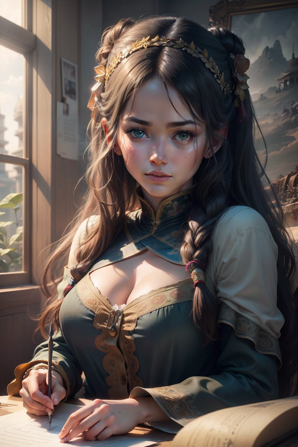 (RAW photo, best quality), (realistic, photo-realistic:1.3),best quality,highly detailed,masterpiece,ultra-detailed,illustration,1girl,upper_body,dynamic angle,world masterpiece theater,messy_long_hair,best quality,extremely detailed CG unity 8k wallpaper,ink,Amazing,cinematic lighting,lens_flare,,dunhuang_style
