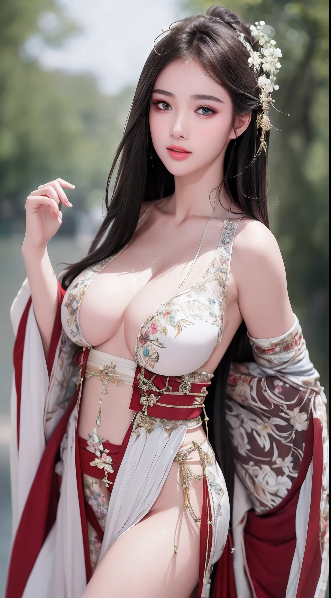 ((Best Quality, 8k, Masterpiece: 1.3)), Focus: 1.2, Perfect Body Beauty: 1.4, Buttocks: 1.2, ((Layered Haircut)), (Wet Clothes: 1.1), (Rain, Street:1.3), (Breasts: 1.2), (Hanfu: 1.2), Bare Shoulders, Bare Legs, Highly Detailed Face and Skin Texture, Fine Eyes, Double Eyelids, Whitened Skin, Long Hair, (Shut Up: 1.5), (Bokeh Background: 1.5), Big Breasts