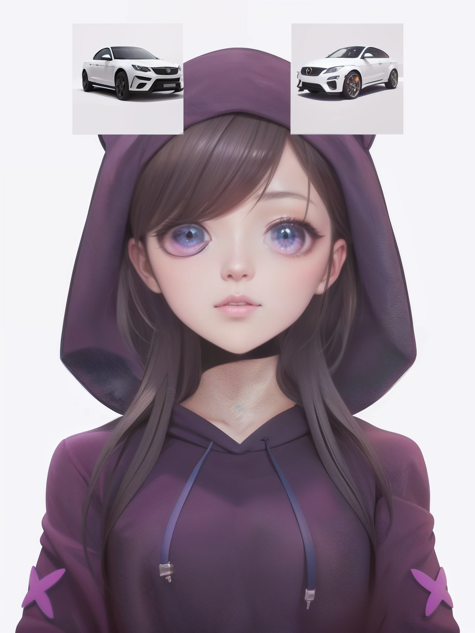 anime girl with hoodie and car on head with two pictures above her head, realistic anime artstyle, realistic anime art style, made with anime painter studio, kawaii realistic portrait, anime realism style, semirealistic anime style, realistic anime 3 d style, artwork in the style of guweiz, overwatch fanart, painted in anime painter studio