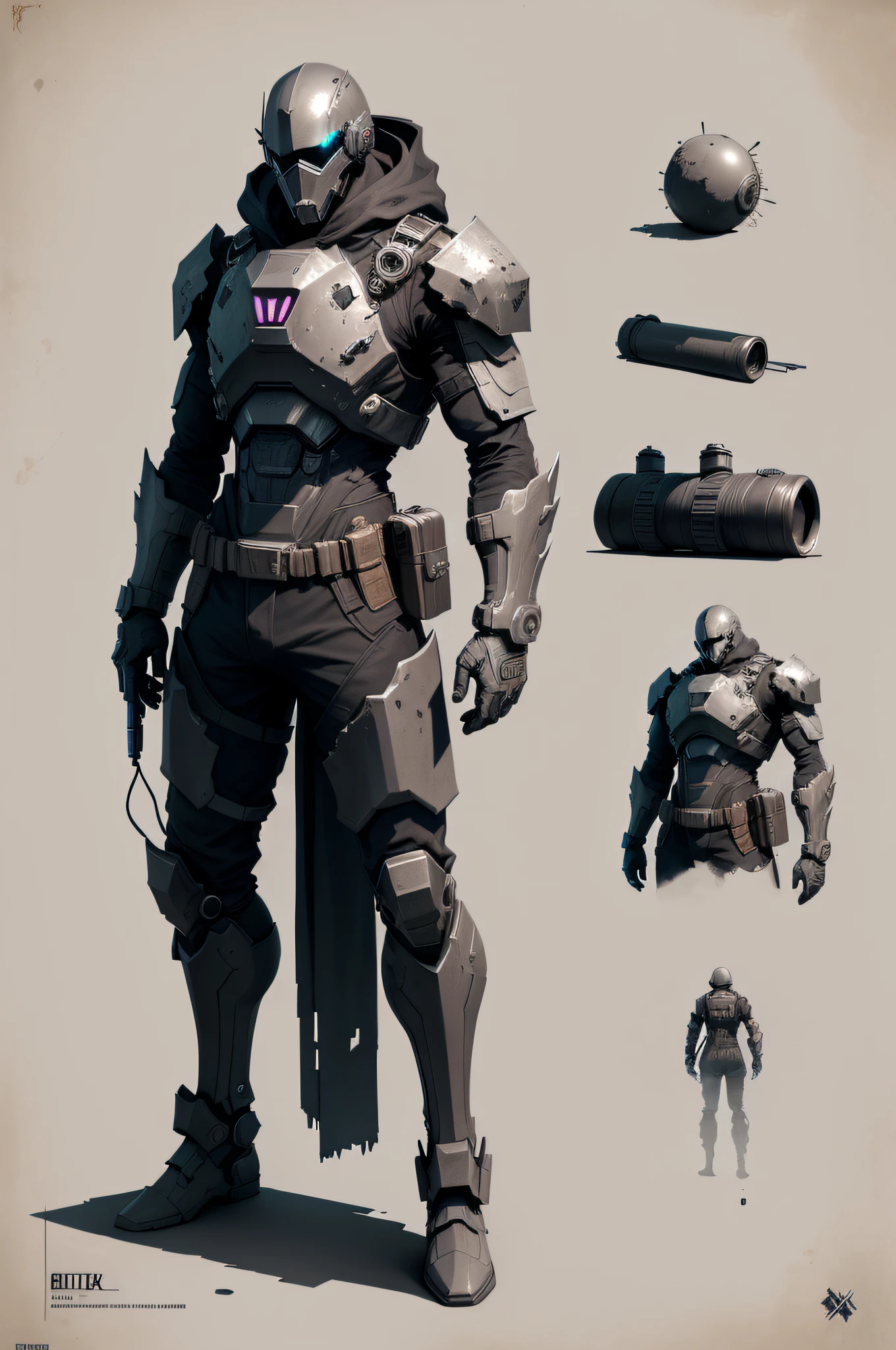 Game object Grenade, bits of color, Sketch, hand drawn, dark, gritty, realistic sketch, Rough sketch, mix of bold dark lines and loose lines, bold lines, on paper, character sheet, humanoid, Full body covered in metal, slik, sci-fi, ghostly theme, (((items and gear listed on the side)))