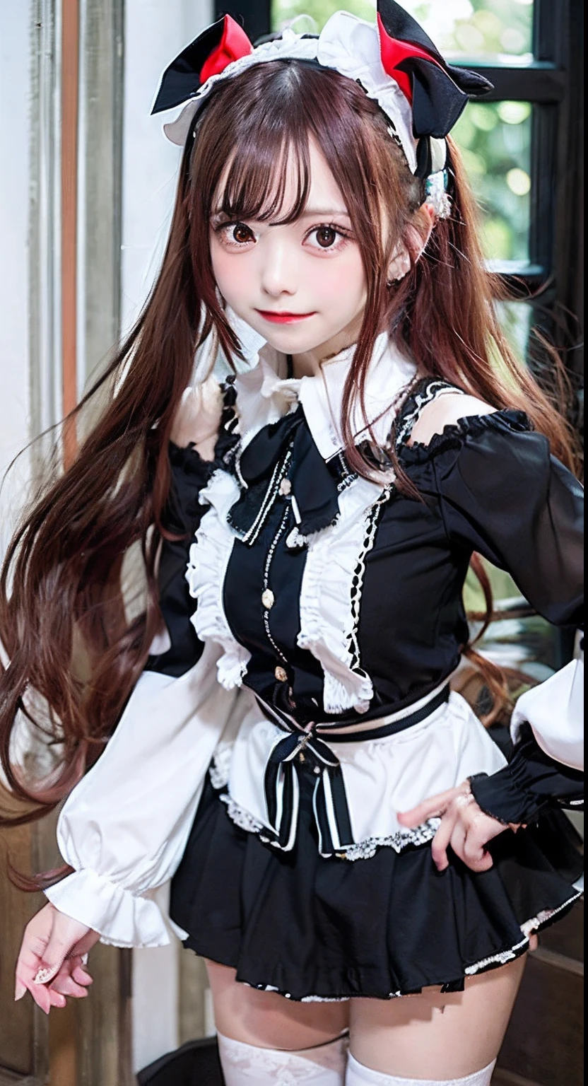 Best Quality, (masutepiece:1.2), Detailed, 1girl in, Solo, Open mouth, Smile, Long hair, Red hair, Ahoge, Red Eyes, (black hairband:1.4), White Dress, Bare shoulders, Neck ribbon, a black ribbon, Dark brown skirt, Long sleeves, (White pantyhose:1.2),  window、cute little、a picture