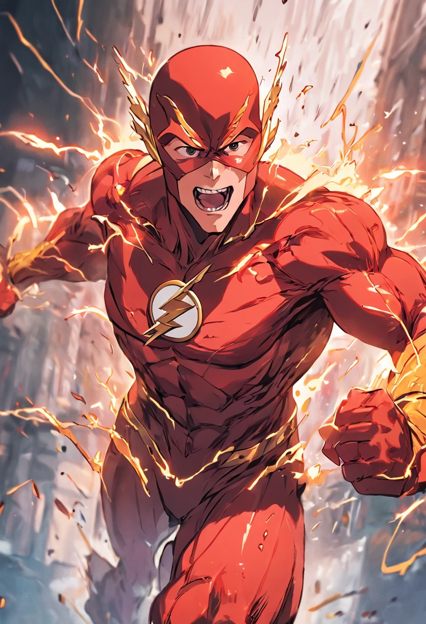 the flash in action, mcu, running pose, ultra detail, 8k, Jim Lee's Artstyle, DC comics, seen from the front, cold face, hunk, tall