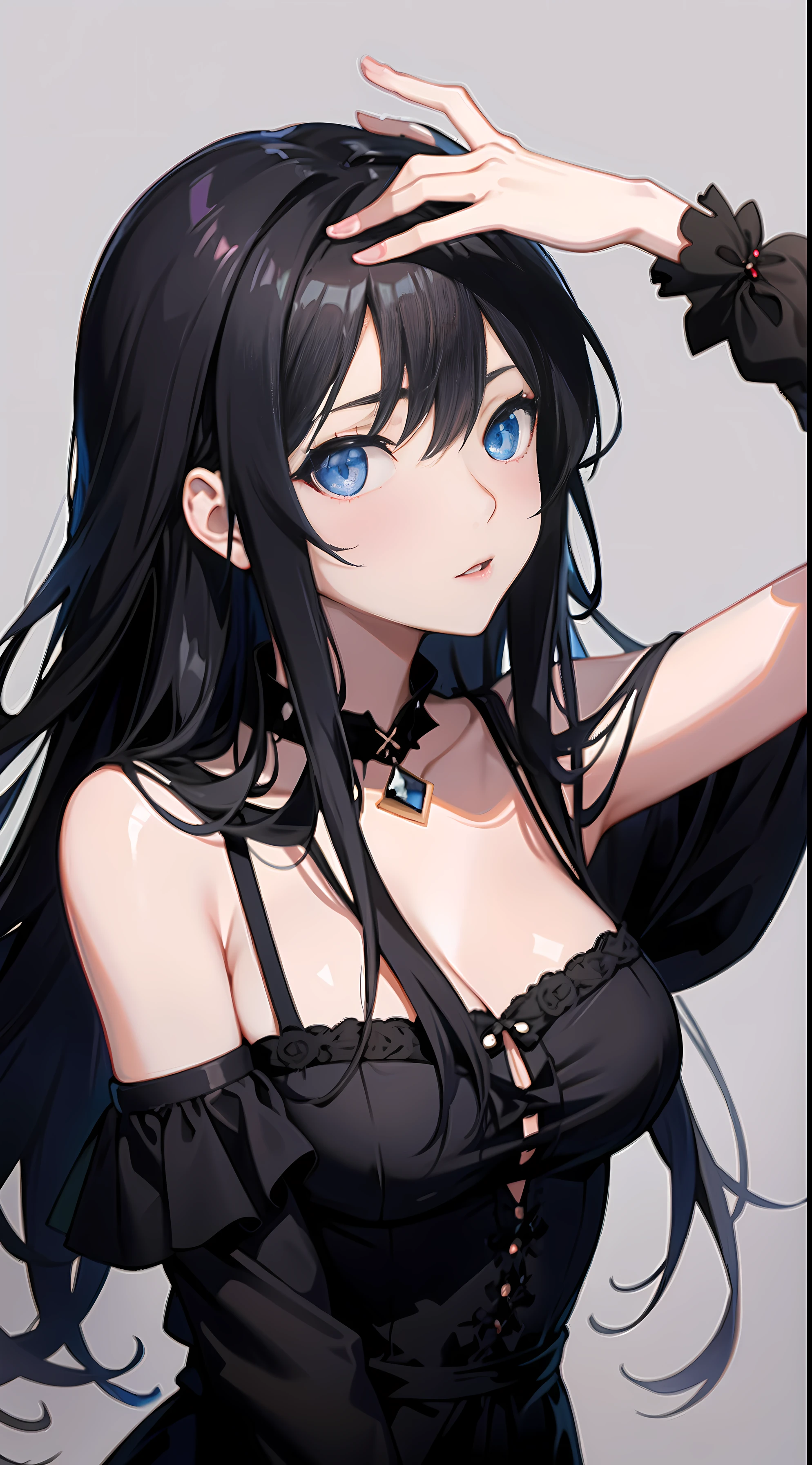 anime girl with long black hair and blue eyes in black dress, anime girl wearing a black dress, seductive anime girl, noire, fine details. girls frontline, anime moe artstyle, guweiz, guweiz on pixiv artstation, pixiv 3dcg, beautiful anime girl, gothic maiden anime girl, detailed digital anime art