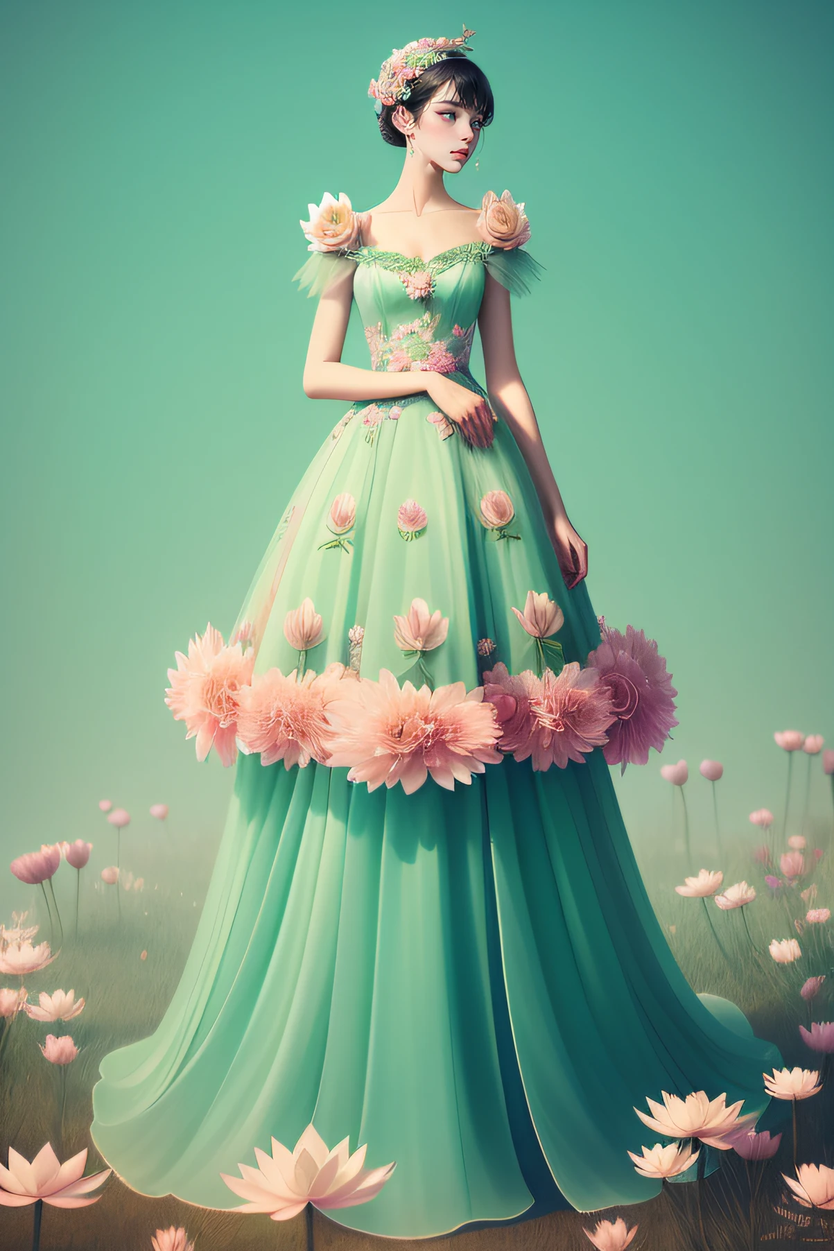Under huge soft mint green oversized lotus leaves,Standing a lady in a pink dress, Lady with glowing floral tulle dress, inspired by Igor Kieryluk, It is covered with fleshy green and pink, inspired by Wadim Kashin, by Russell Dongjun Lu, inspired by Yanjun Cheng, inspired by Hsiao-Ron Cheng, Beautiful digital artwork, inspired by Ray Caesar