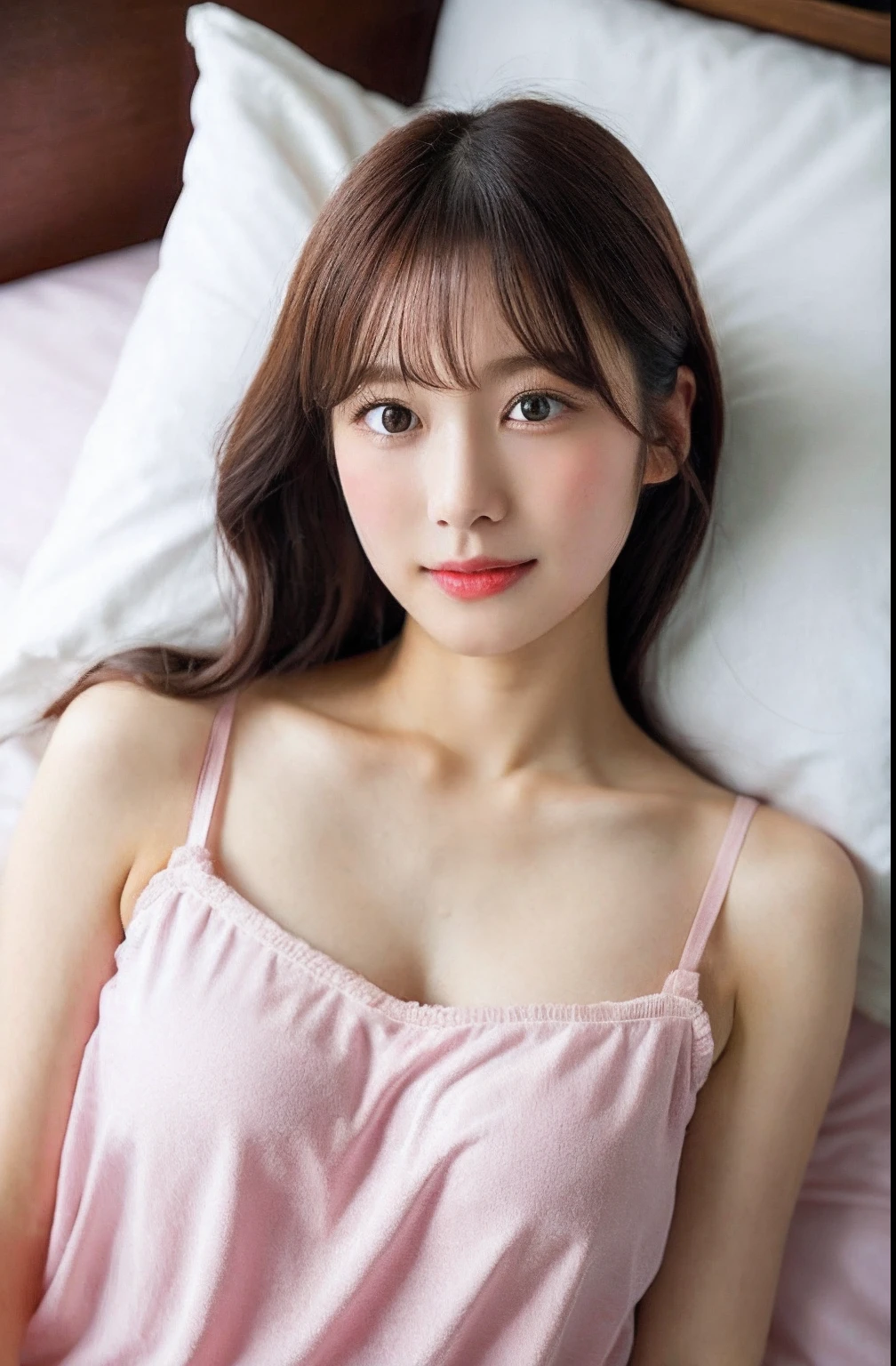 Close up portrait of woman lying on bed in pink loungewear、Japan Person Model、Young Sensual Gravure Idol、Young cute gravure idol、Realistic Young Gravure Idol、Realistic sensual gravure idol、Young gravure idols、sophisticated gravure idol、奈良美智、Young skinny gravure idol、beautifull asian girl ever、oppai