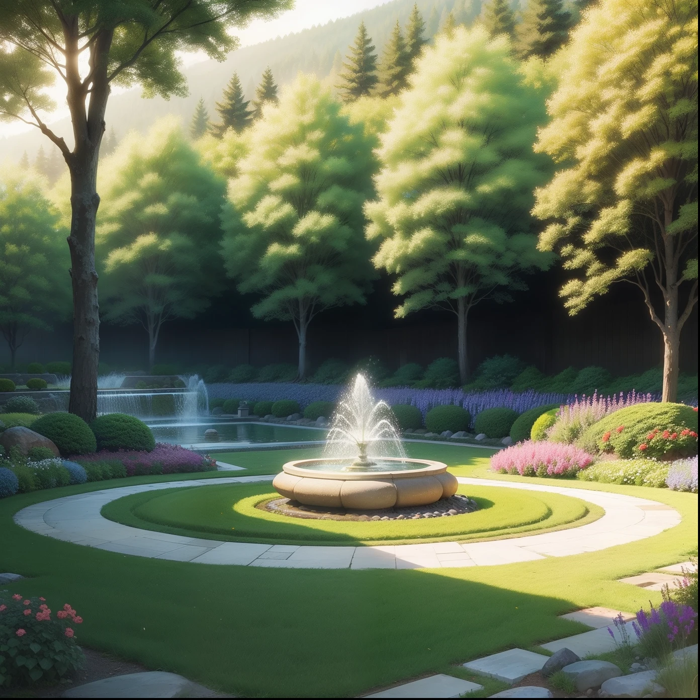 Scenic green field with trees lining the sides , adorned with a colorful vibrant flowers. with a Zen garden and fountain
