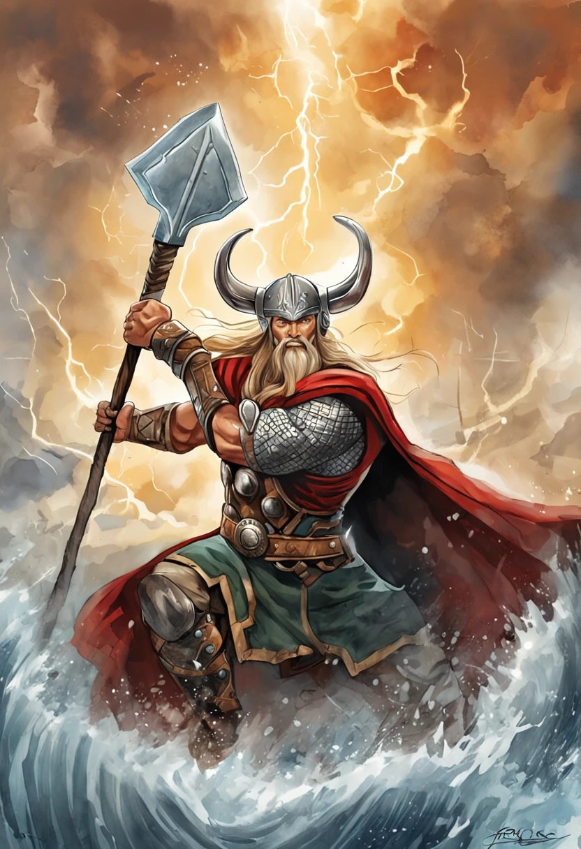 Prontec “Thor, the God of Thunder.": Uma estampa que retrata Thor, The Mighty God of Thunder, segurando seu martelo Mjolnir. He would be surrounded by thunder and lightning, Transmitting your strength and power. The background would be composed of Nordic elements, as Viking runes and symbols.