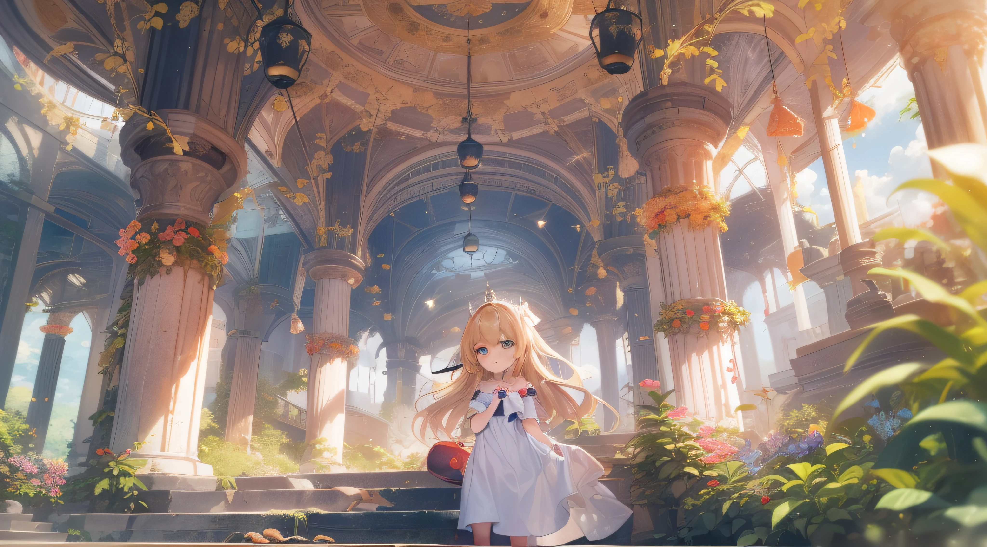 Late afternoon，Gloomy light shines through the thick clouds，Give the whole scene a cool-tone atmosphere。Under this hazy sky，A glittering golden sphere slowly descended into the mouth of a bottomless well，Make a splash，There is a mysterious aura around the mouth of the well。In this instant，A sad look appeared on the little princess's face，Her eyes were confused，It was as if there was a deep sadness hidden inside。