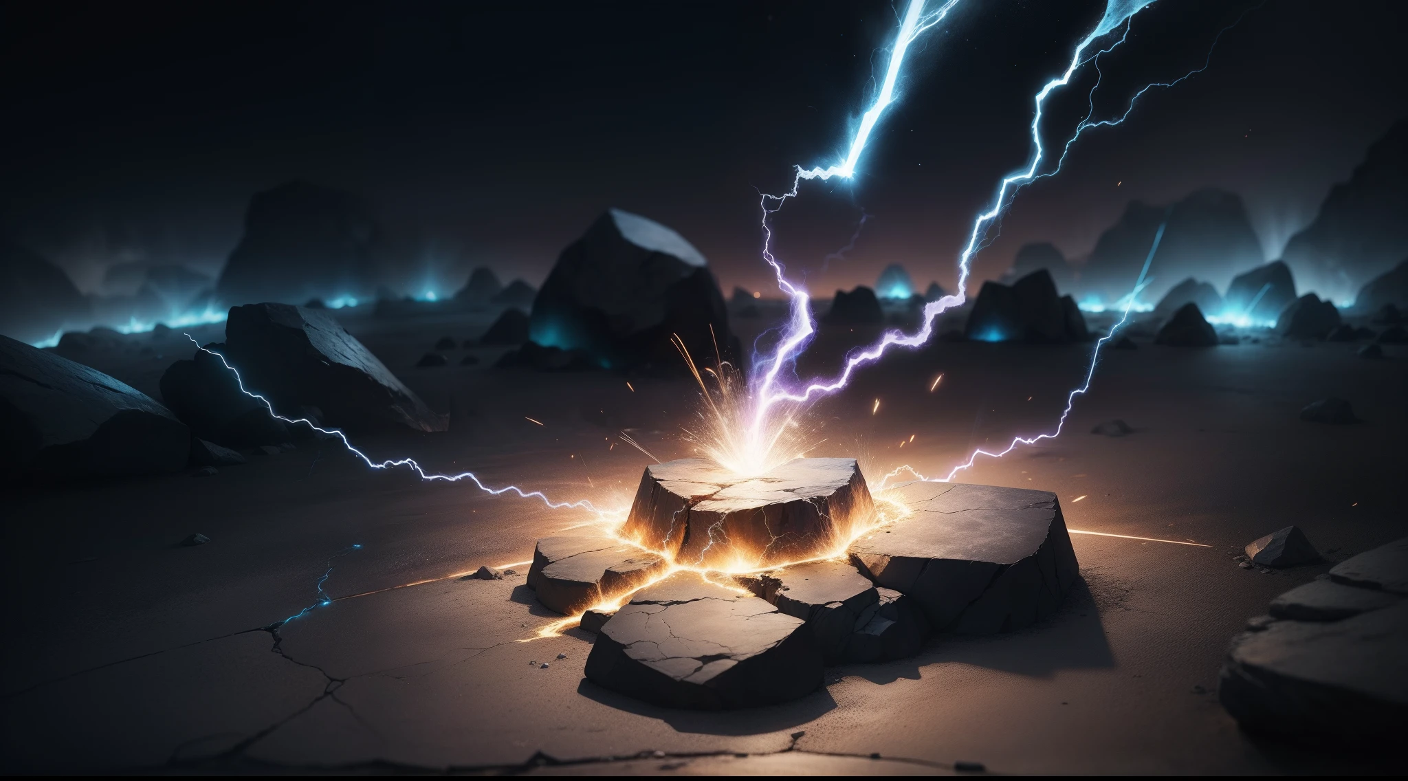 Cracked rock with electric arcs, lave, magie, Sparks, Sparks, Sparks, brume, topview