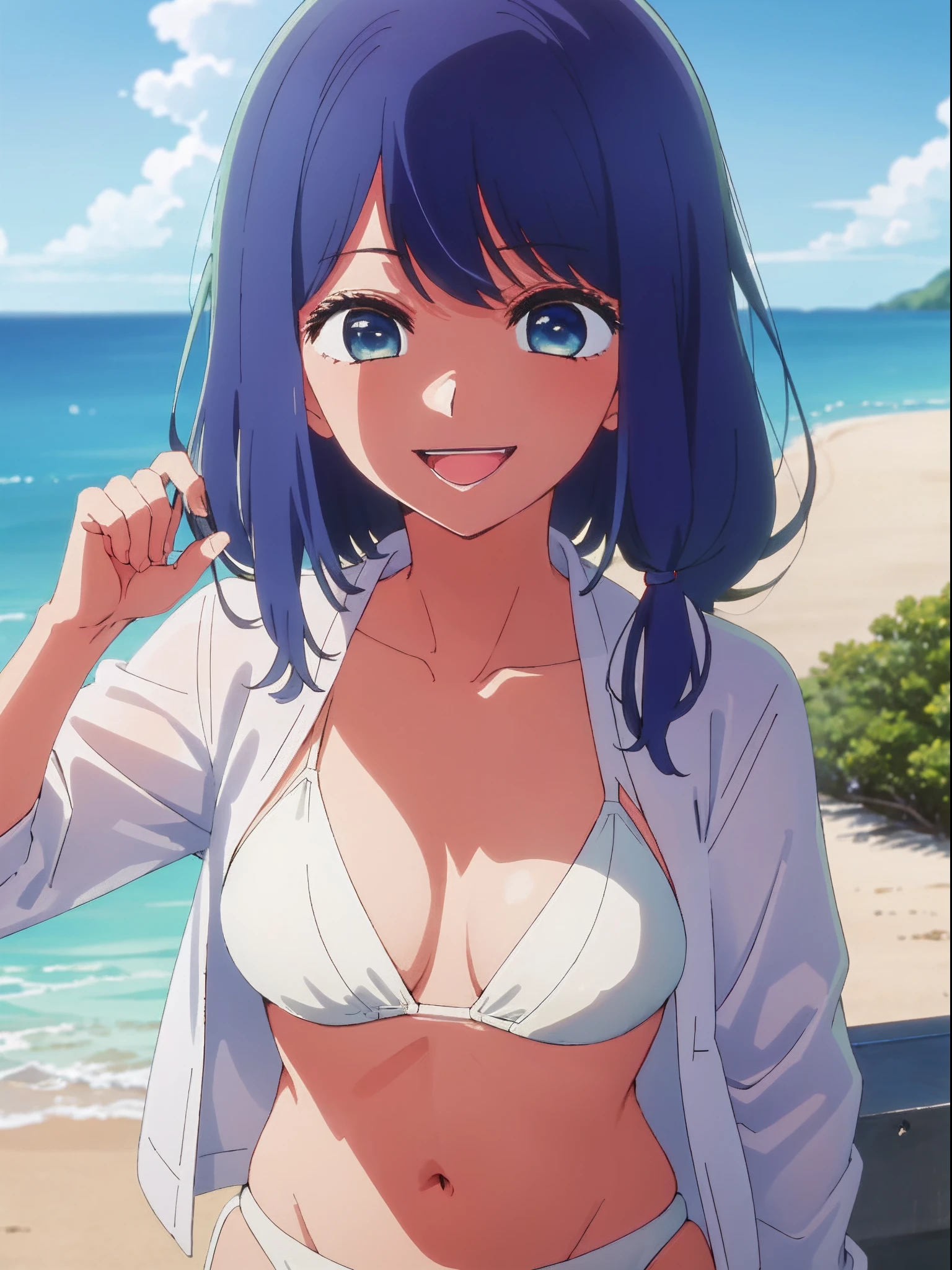 1girl in, 独奏, Akane,((( a white bikini))), A smile、Open your mouth、Facing the front、Beach、a closeup