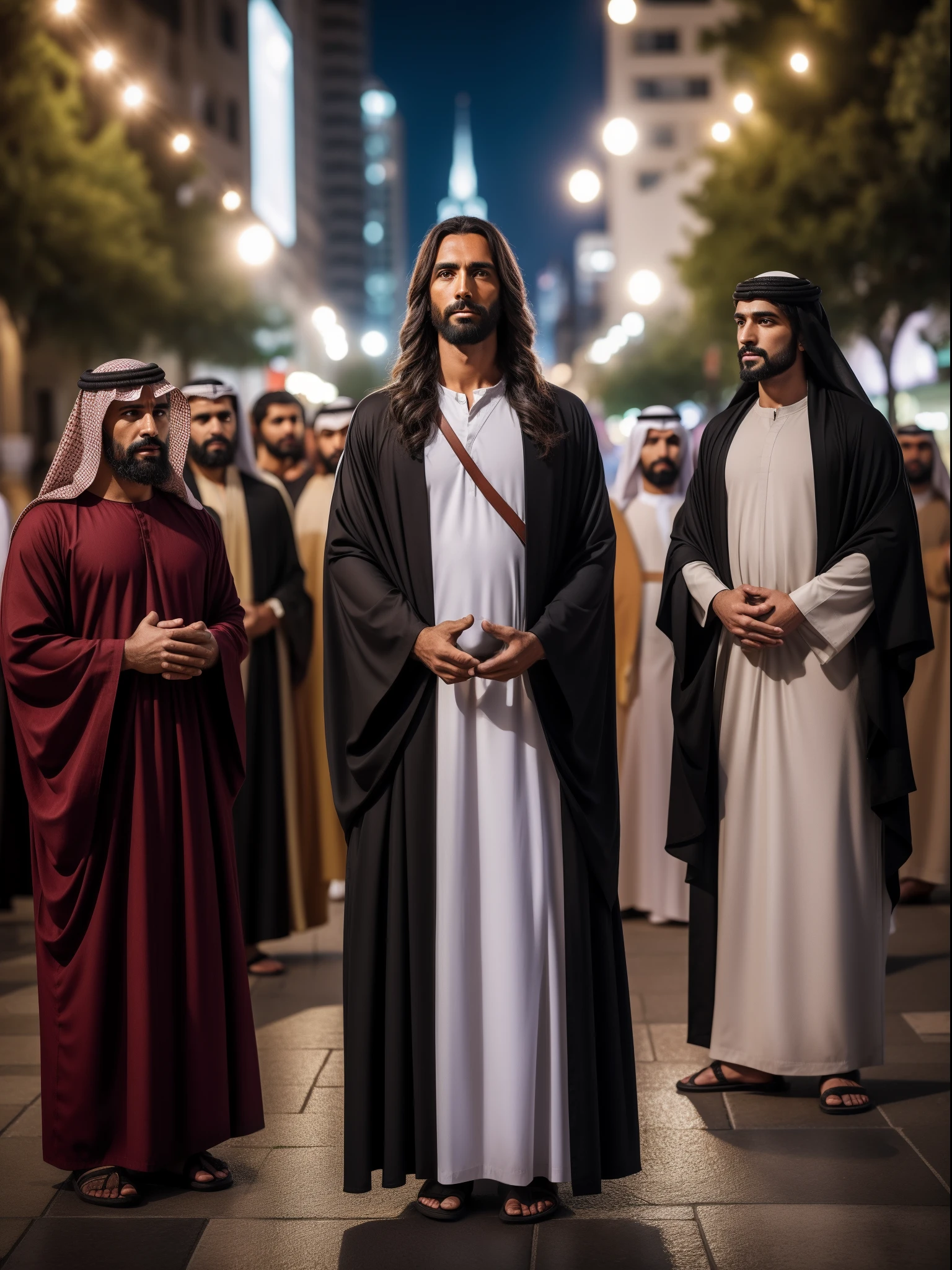 Jesus and His Disciples Preaching in the Middle East, photorealistic, 4k, full body shot with Canon EOS 6D and a Canon 135mm f2 L lens at F2, very sharp, bokeh lights, day, city, full body portrait