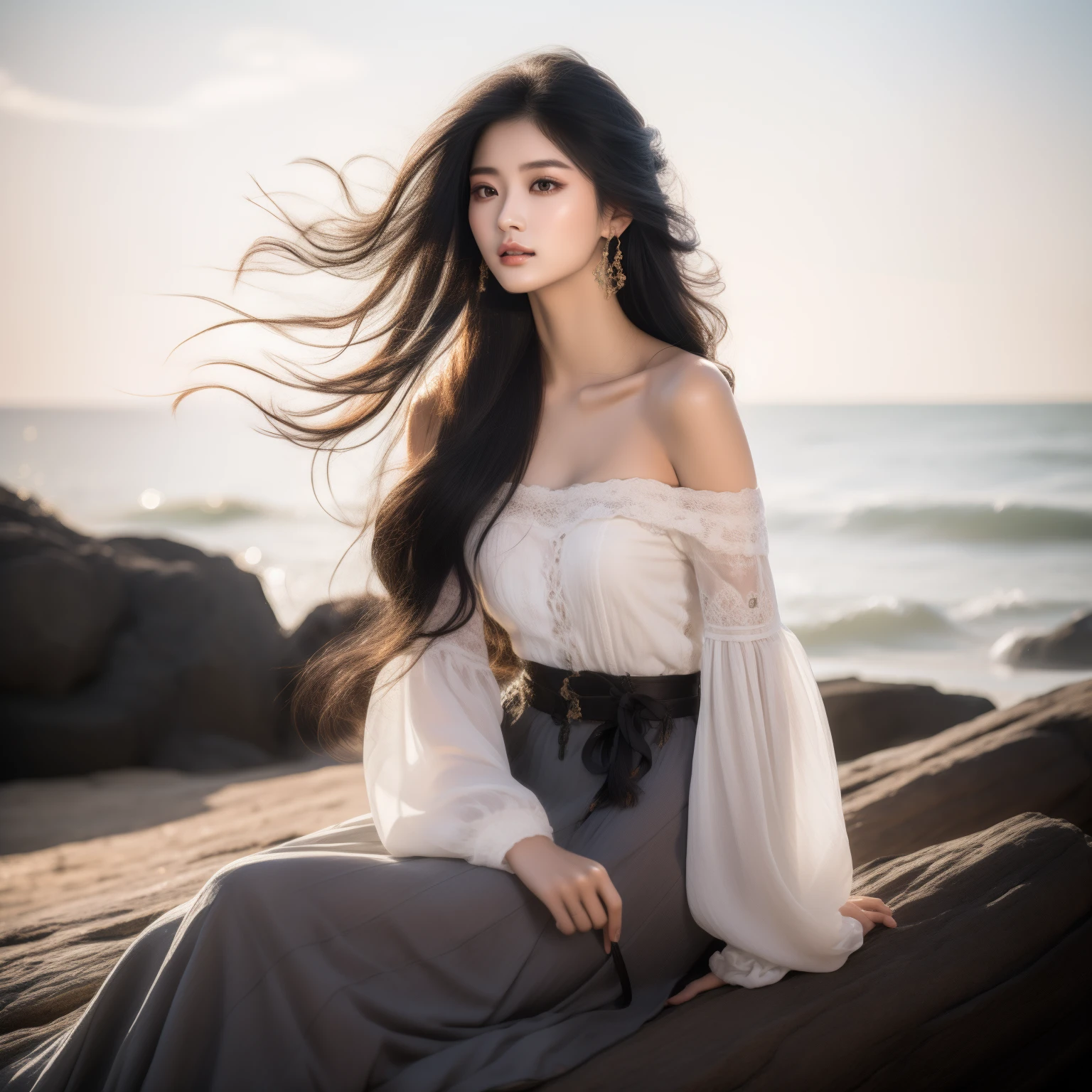 A most exquisite Chinese human beauty, long straight black hair, most exquisite, regular features, most beautiful girl, off-the-shoulder, beautiful girl sitting on the shore, soft, dreamlike quality, light white and dark brown, exaggerated features, solid color, frank Holly, light gray and light brown，realistic，Ultra high Resolution