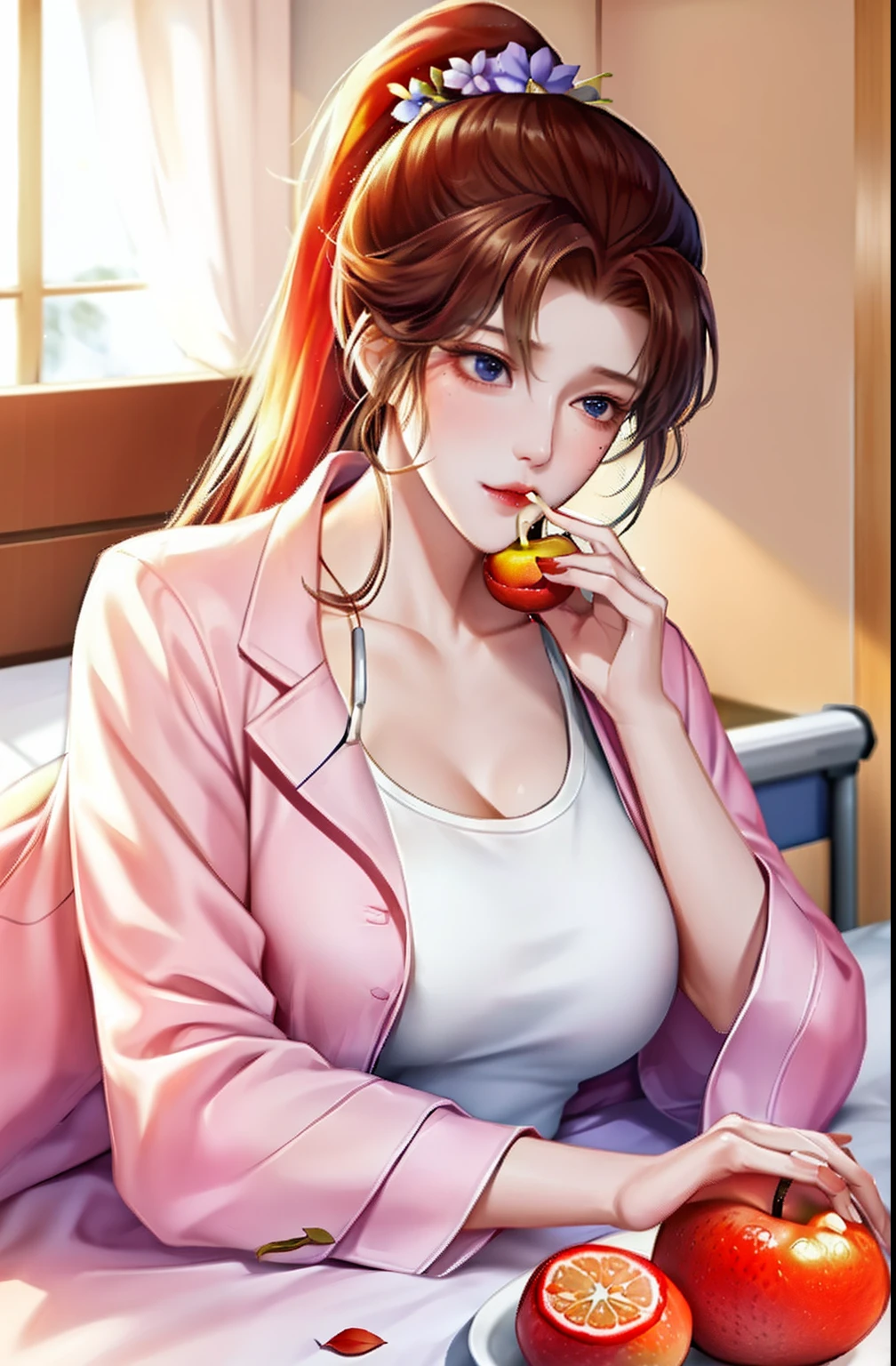 A woman lies on a hospital room, super big chest, Looks weak。On the table next to the hospital bed was a fruit and a flower , fever and heat, eating fruit, long ponytail hair