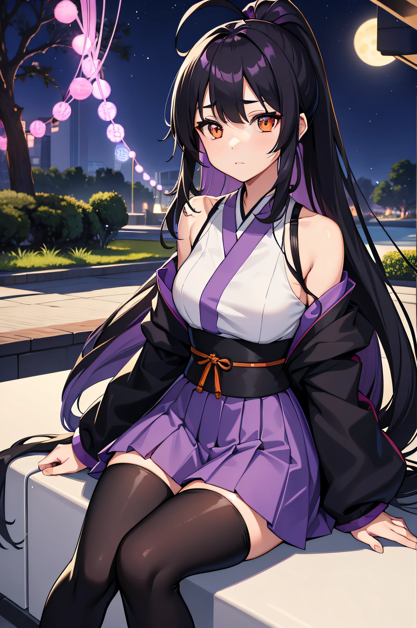 young 1girl, solo, sakifuwa, glazed eyes, very long hair, ponytail, orange eyes, black hair, ahoge, black tights, white samurai suit, long leggings, purple strain of hair, very purple long skirt, sit at the park, night time