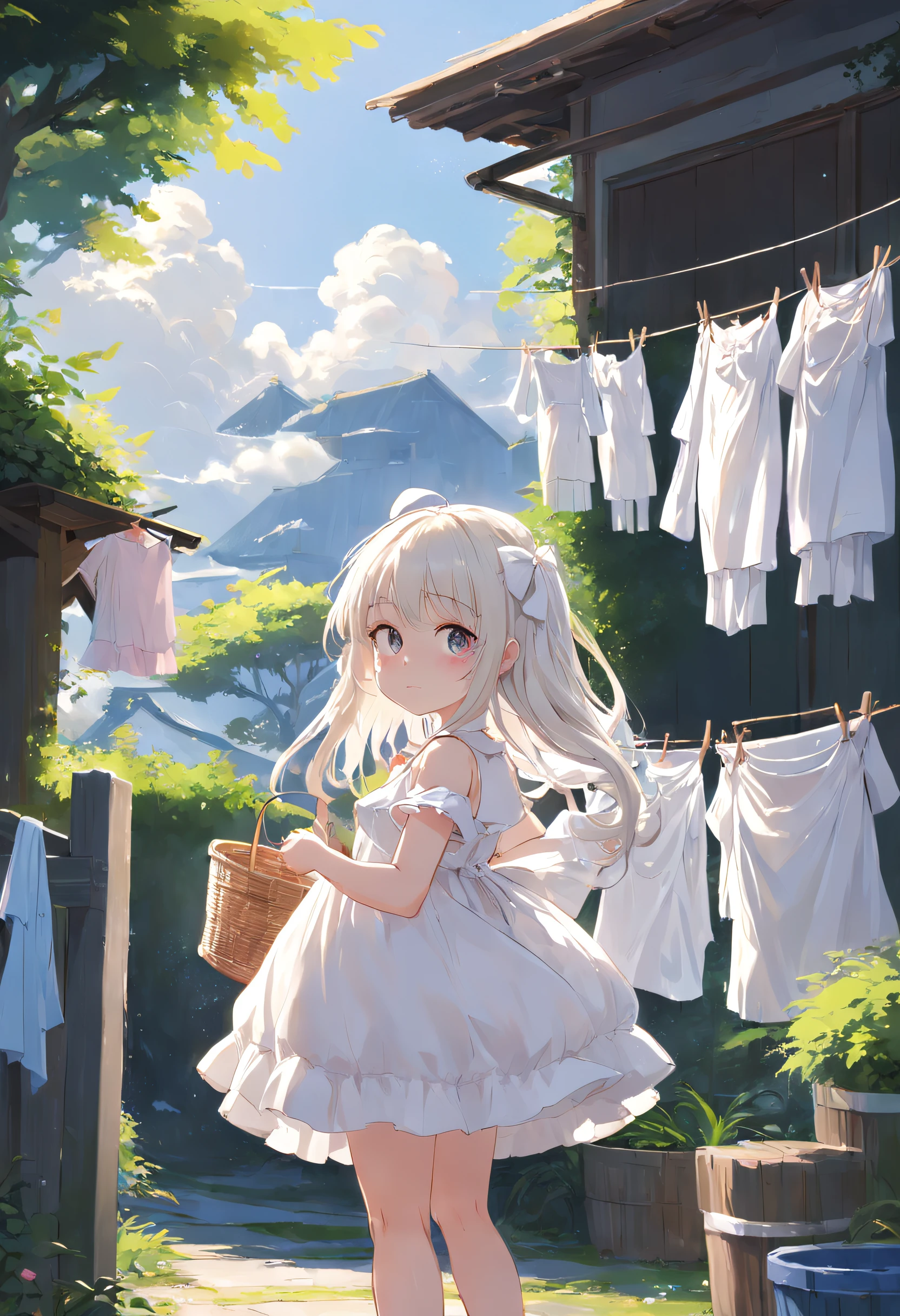 Anime girl in white dress standing in garden, Hang the laundry to dry，Holding a laundry basket，loli in dress, small curvy loli, artwork in the style of guweiz, guweiz on pixiv artstation, guweiz on artstation pixiv, guweiz, small li girl, soft anime illustration, Anime visuals of cute girls, Detailed Digital Anime Art