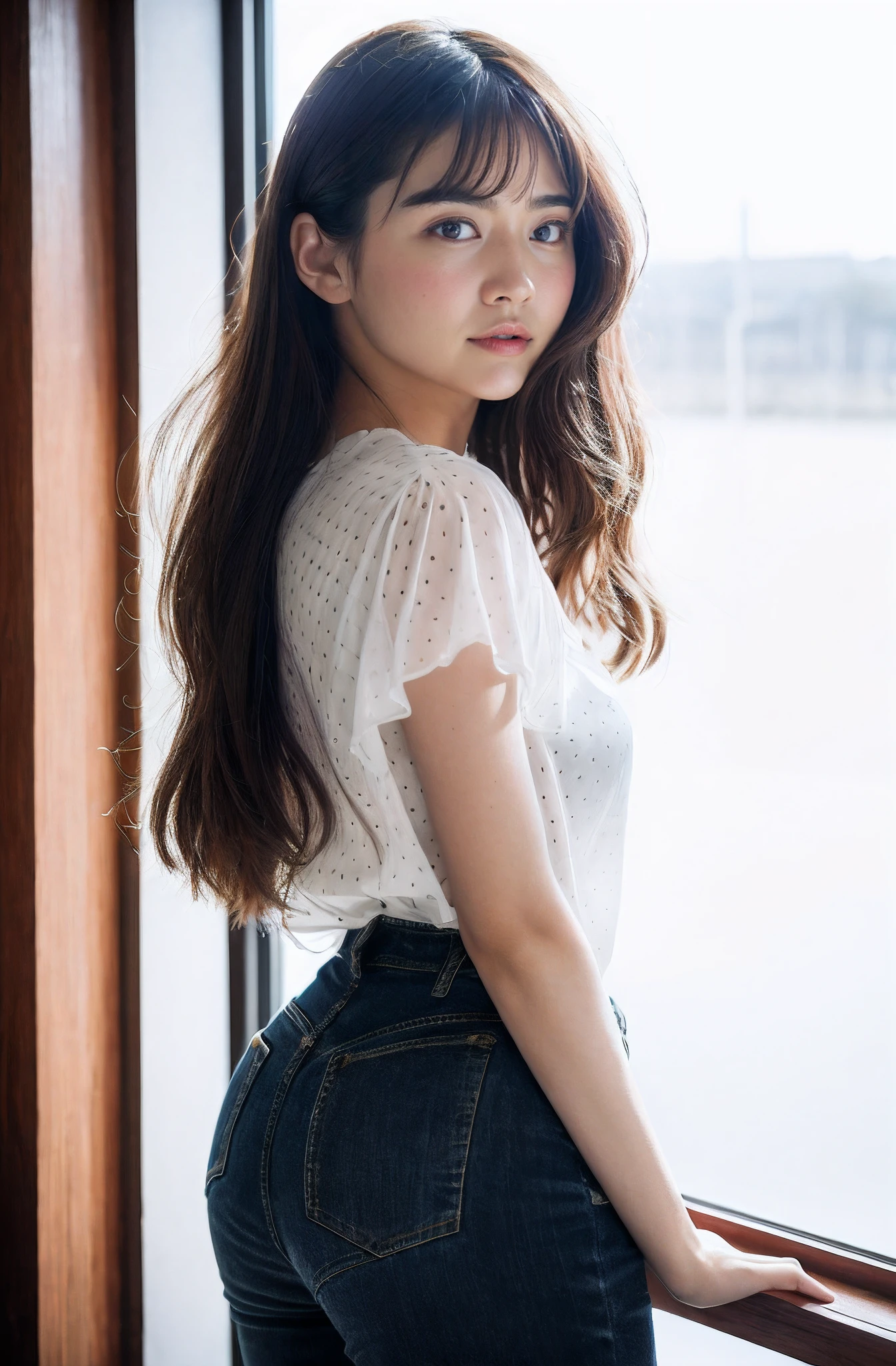 Best-quality, Masterpiece, Ultra-High-Resolution, (Photorealistic:1.4), Raw-Photo, 1girl, 12-years-old, the most famous Japanese idol, hands on hip, upturned ass, innocent-smile, dynamic-pose, extremely beautiful skins, extremely beautiful big-eyes, extremely beautiful hair, extremely cute face like the most popular Japanese idol, extremely beautiful long-eyelashes, extremely beautiful lips