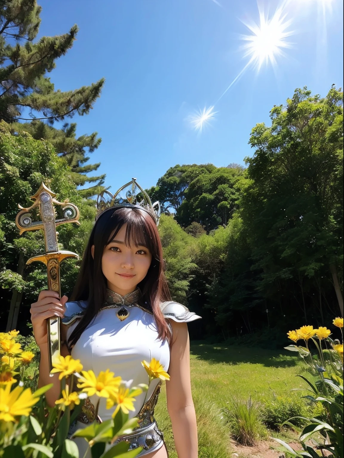 Professional , ​masterpiece、top-quality、photos realistic , depth of fields （Gemstone Silver Metal Body:1.９),(Matte Silver、Jewel Gold Weapon、（Gorgeous castle background）、Holding the Sword of Heroes、（Jewel White Metal Body:1.４),（（Gorgeous Jewel Metal Weapons）） , Fighting、（（Holding the Sword of Heroes）） ,（close-up，dream magical，tornado ）   ,(Micro Bikini Armor),warhammer 40k , adepta sororitas,Detail and ornate jewel crown、Brown hair、Mystical expression、（Gangle's forest background）、１a person、dynamic ungle,(((Diamond tiara with detail and luxury)))、a small face、A smile、Powerful poses、（Gorgeous castle background）、huge filesize、20 year old beautiful woman、Thin female fingers、Straight long hair、Beautiful Japan person々The beauty of、Mystical expression、Lightly open your mouth、,Luminescent particles,light scattering,Tindall Effect、Fighting、Twin tail hair、