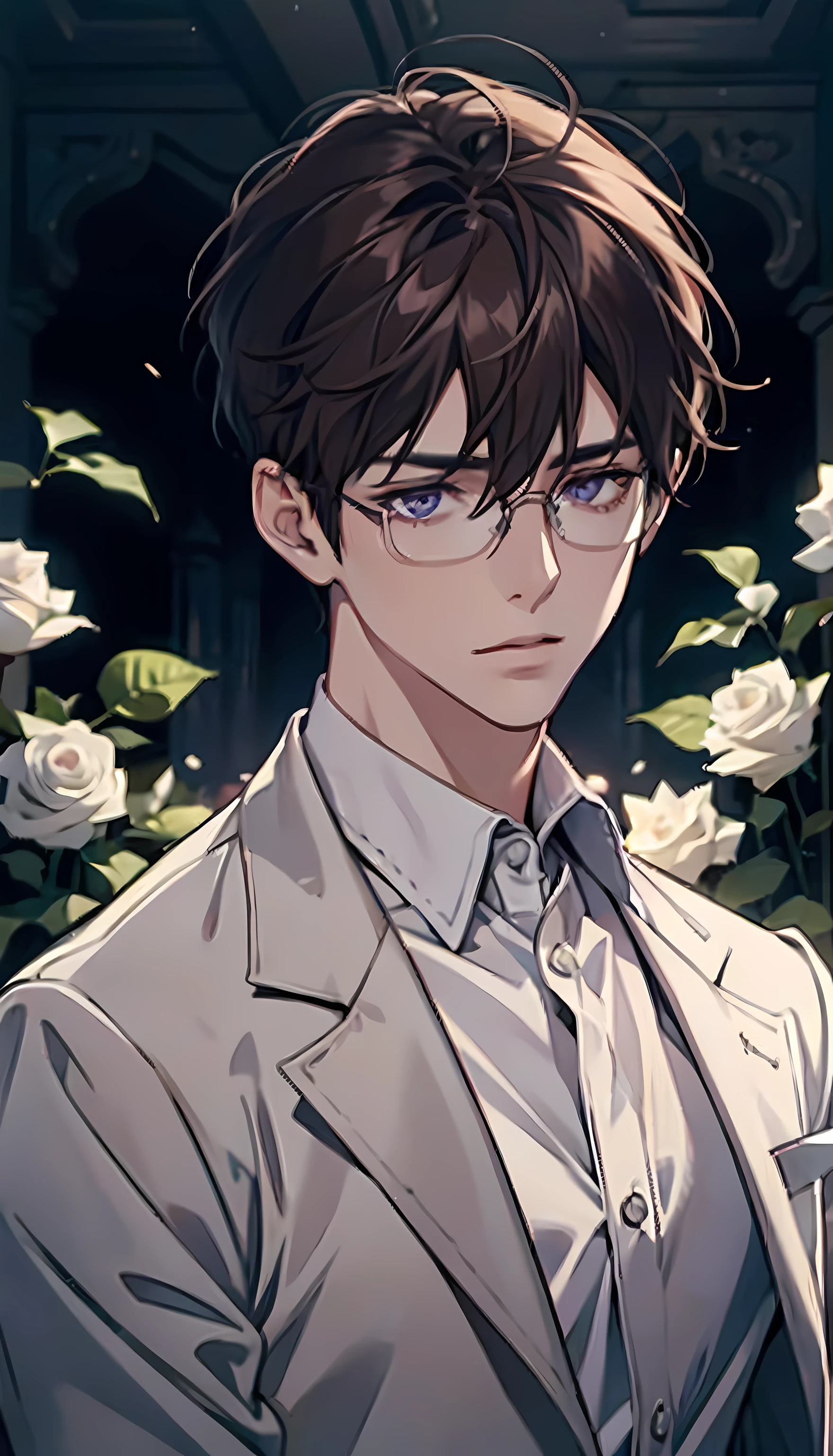 1boy,male,Young man,Pale ager,White Rose,white shirt,dressings,Blood,Low screen contrast,high brightness,brown hair,Soft lighting,soft focus,Mysterios,Romance Lane, Anime Big, impressionism, cinematic lighting, Close -up, Hyper HD, 巨作, highly detail, purple eyes, short hair, hair between eyes, rimless glasses