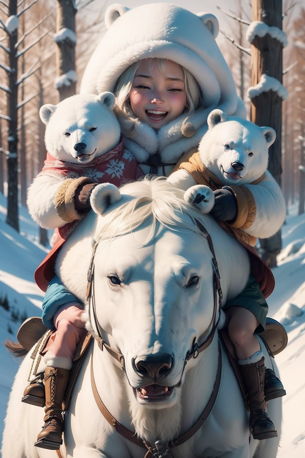 A very dynamic scene. A huge polar bear rides a Eskimo girl of 4 years s back. The girl is very cheerful and laughs widely and waves her hands affably. The girl is dressed in national northern clothes. a closeup of a. a lot of details. Cartoon style Disney Pixar. super realistic. Cinematic. Motion-blurred background of coniferous winter forest. Light haze.