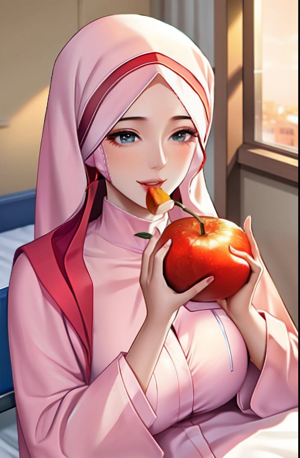 A hijab woman lies on a hospital room, super big chest, Looks weak。On the table next to the hospital bed was a fruit and a flower , eating fruit, happy mood