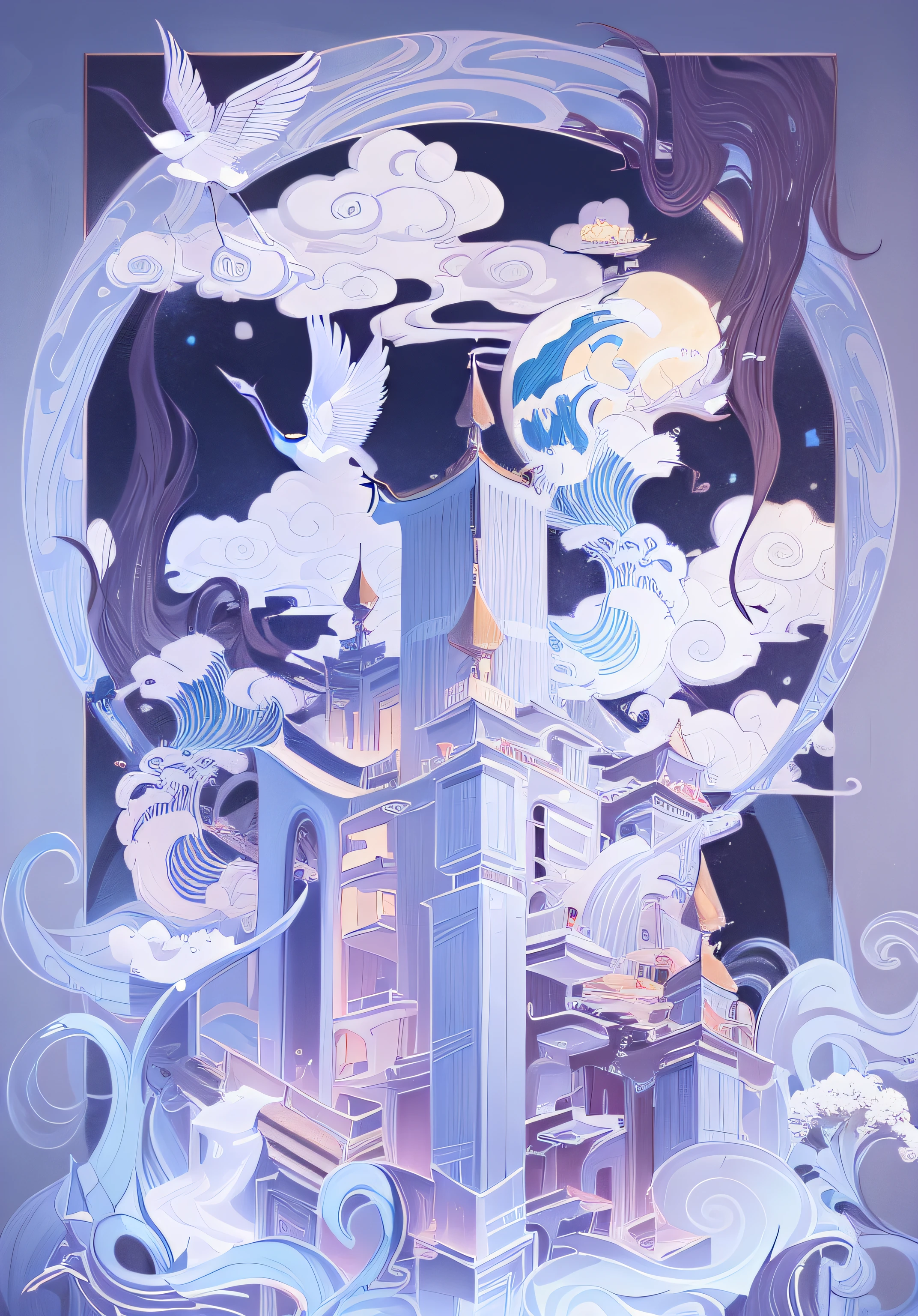Sky City Detailed View —Width 672, scenery art detailed, Chinese style painting, oriental wallpaper, traditional korean city, landscape artwork, Chinese landscape, A beautiful artwork illustration, Japanese style painting, inspired by Byeon Sang-byeok, background depicting a temple, korean artist, cosmology of kyoto landscape,sky cities,Sci-fi sense,Artistic sense,A castle suspended in the air