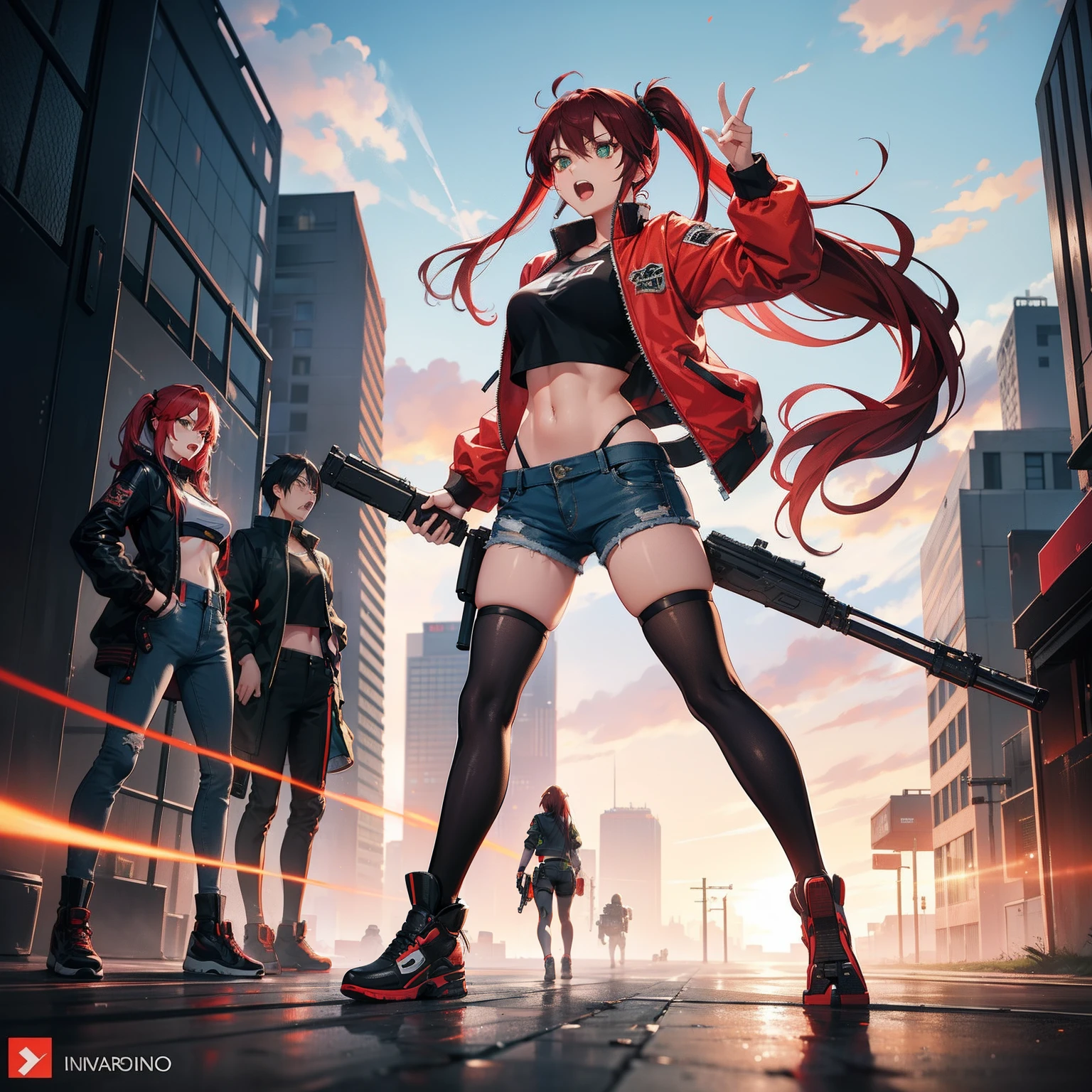 Full body shot, female asian Irina Shidou red hair twintails green eyes, in a cyberpunk city, wearing a bomber jacket and crop top and denim shorts, standing next to a Nissan GT-R, holding a big machine gun, holding a long laser rifle, shooting laser rifle, rapid fire, explosions, running and jumping, open mouth, screaming, frontal shot, side shot, rear shot, back shot, behind shot, masterpiece, highly detailed
