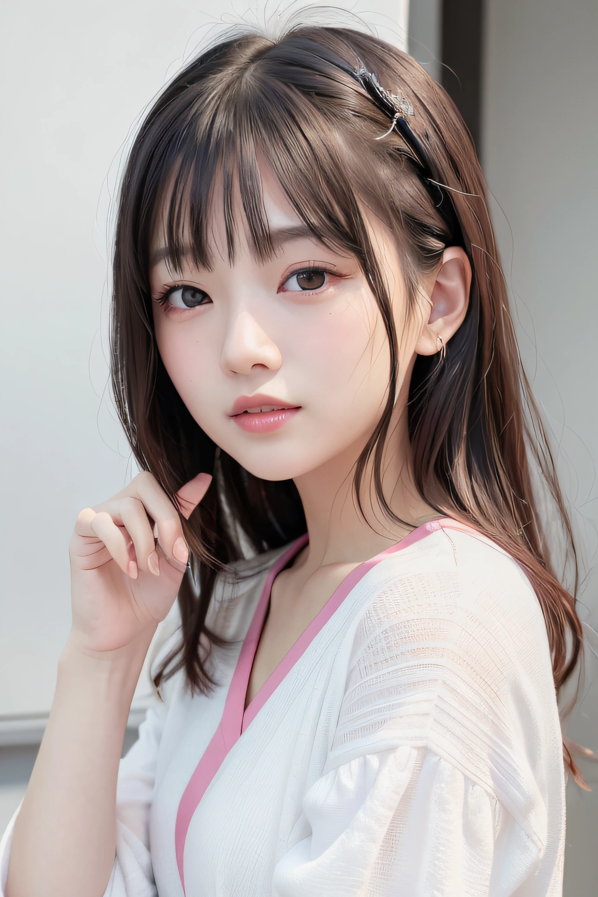 (8K、top-quality、​masterpiece:1.2)、(reallistic、Photorealsitic:1.37)、The ultra-detailliert、1人、Beautie、cute little、独奏、A Japanese Lady。Beautiful neat 20s with black hair。a smile。Beautiful young woman model。Wears a white shirt。Close-up portrait。Healthy face。Beautiful skins。Skin Care Cosmetics。Bright pink background。