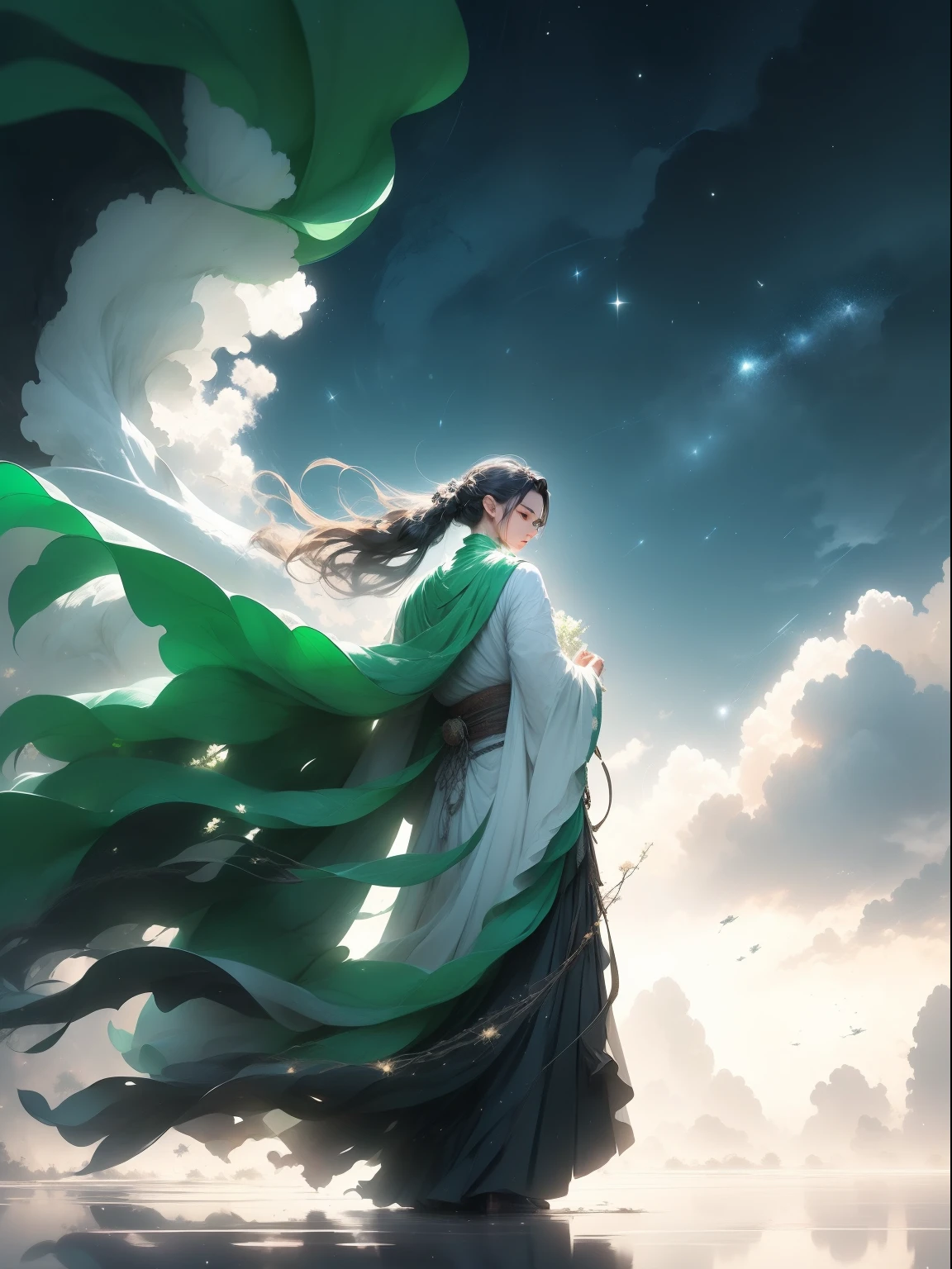 milkyway,Beautiful illustration of a sincere man looking up at the starry sky with shooting stars,A dark-haired,youth,Green eyes,Rough clothes,Indigenous clothing,Makoto Shinkai's illustration,animesque,water ink,