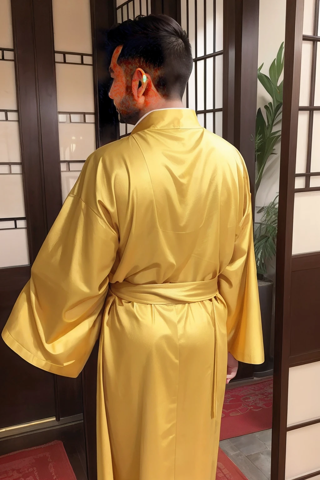 Look back at the lanai,male people,aged 40,The whole body is dressed in gold holy robes,Scorpio,Oriental。