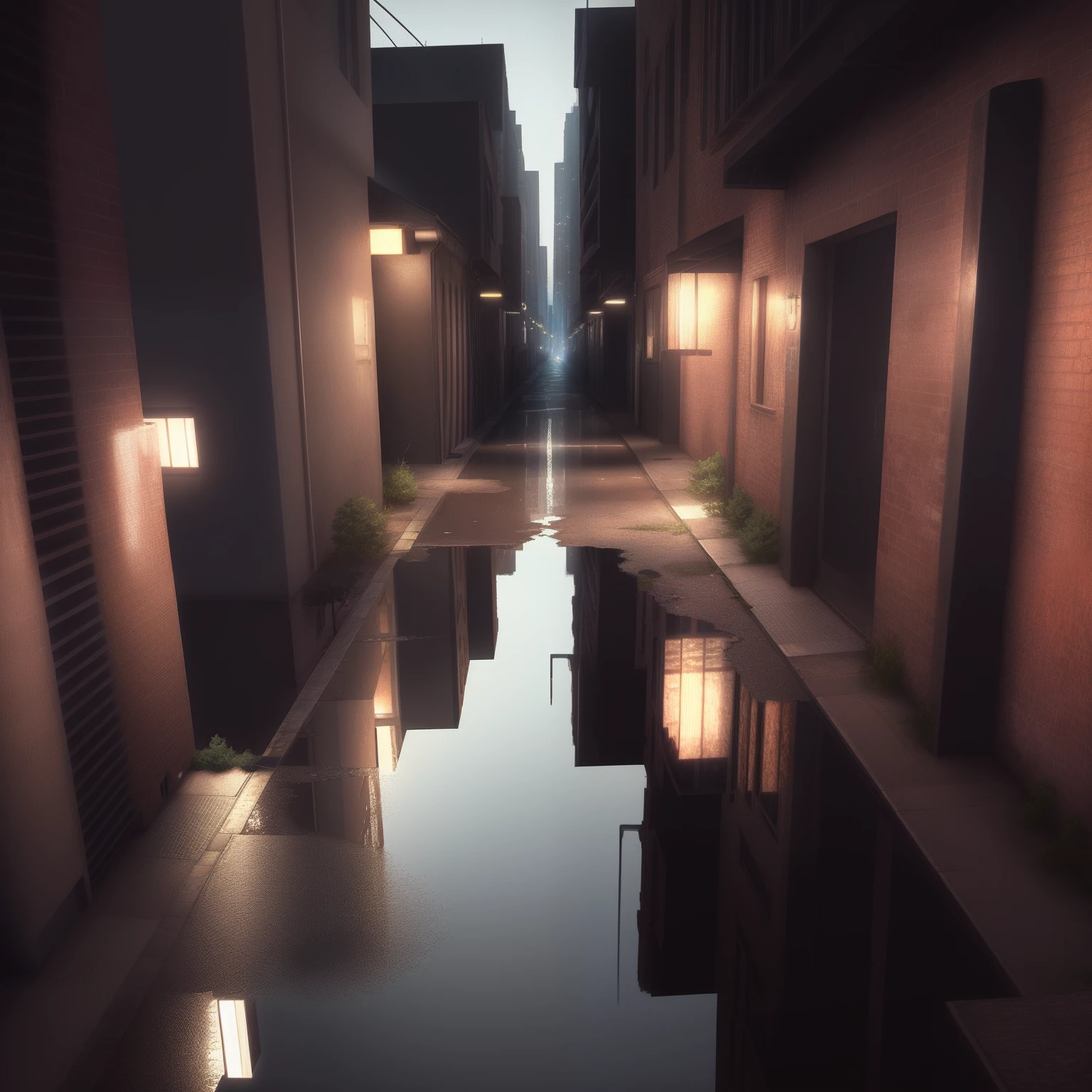 The city, high buildings, Sateen, (ray traced), Reflections in a puddle, hiquality, the night, Detailed buildings, alleyway, Overhead view