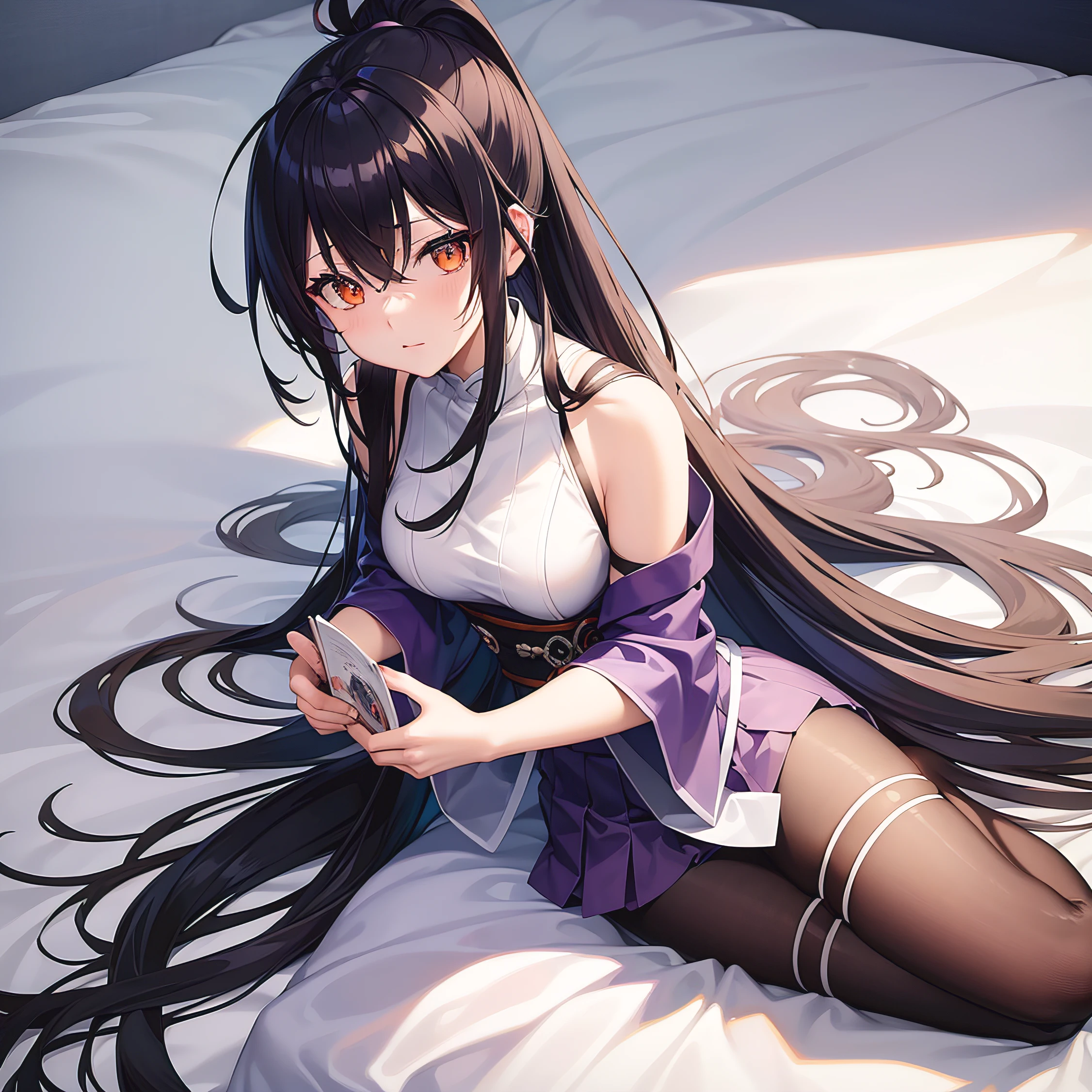 Woman in white dress lying on bed with pillow, fantrome, japanese shoujo manga, Ecchi, Light Novel Cover Art, shoujo manga, oppai, shoujo manga, Manga cover, Manga cover, anime cover, Seductive Anime Girl, manga cover art, けもの, sui ishida art mangayoung 1girl, solo, sakifuwa, glazed eyes, very long hair, ponytail, orange eyes, black hair, ahoge, black tights, white samurai suit, long leggings, purple strain of hair, very purple long skirt, holding dual sword, frost effects, frost blue, frost pillars, at mountain
