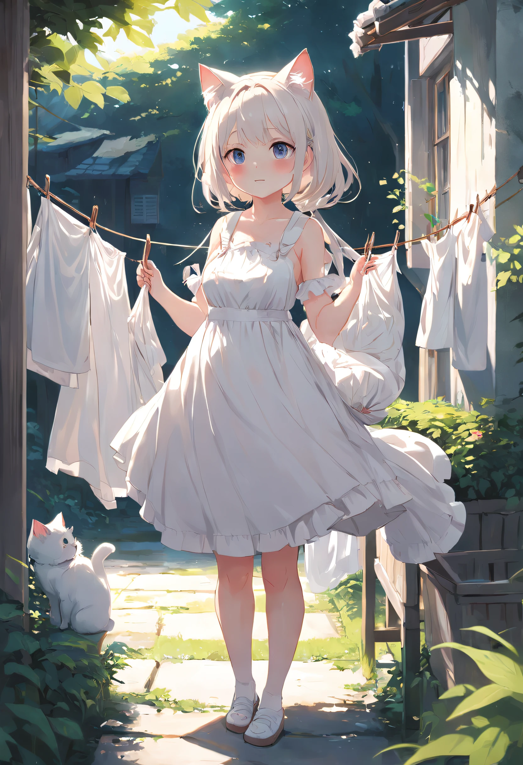 Anime cat-eared girl in white dress standing in garden, Hang the laundry to dry，Holding a laundry basket，loli in dress, small curvy loli, artwork in the style of guweiz, guweiz on pixiv artstation, guweiz on artstation pixiv, guweiz, small loli girl, soft anime illustration, Anime visuals of cute girls, Detailed Digital Anime Art