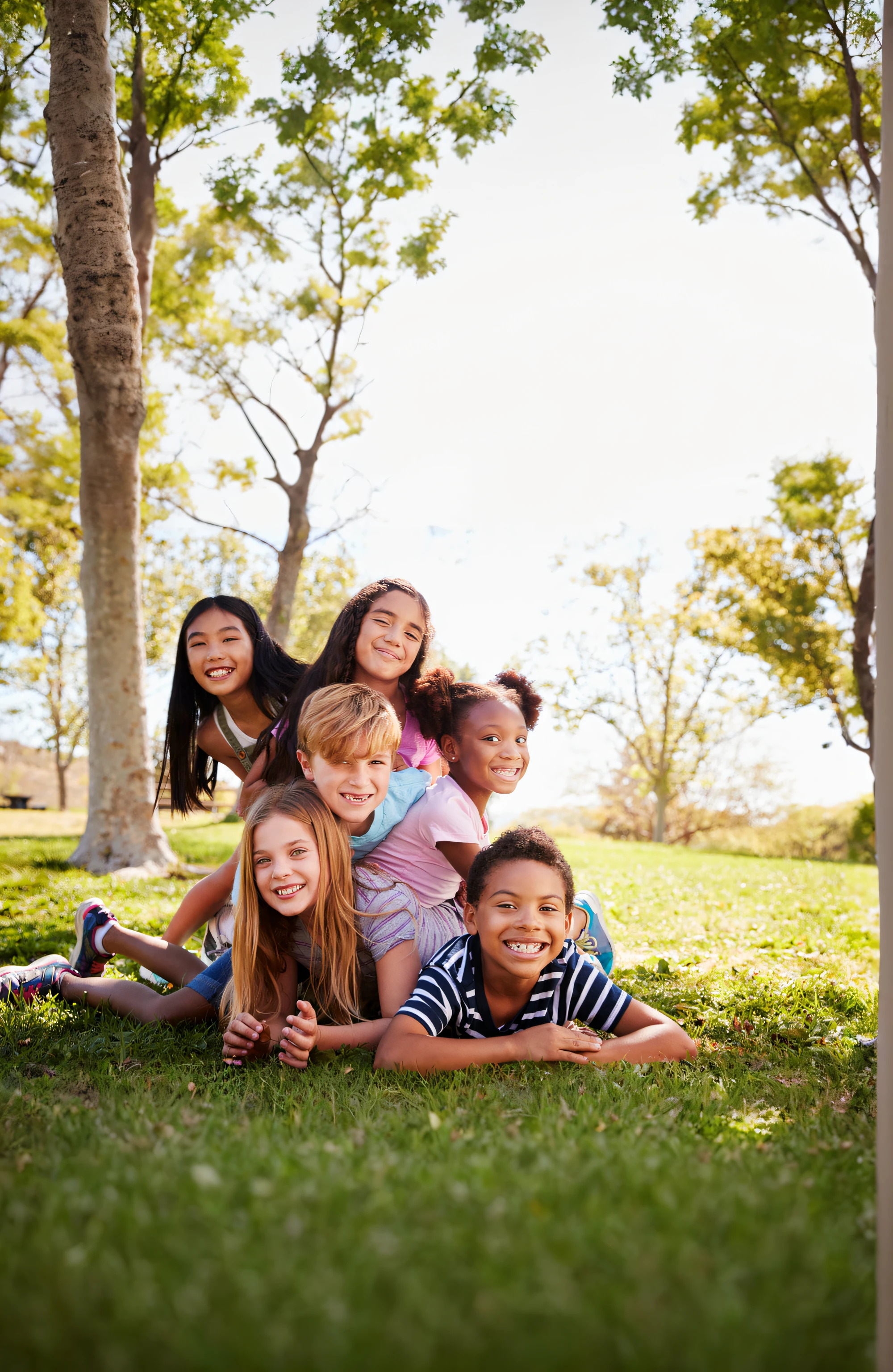 There are many children lying on the grass together in the park, childrens, diversas idades, etnias variadas, Diferente, mix of ethnicities and genders, childrens, kids playing, Beautiful image, divertindo-se, cabrito, Shutterstock, atmosfera calorosa e alegre, gen z, Directed by: Samuel Scott, grupos de humanos felizes, imagem impressionante, foto de retrato, garotada