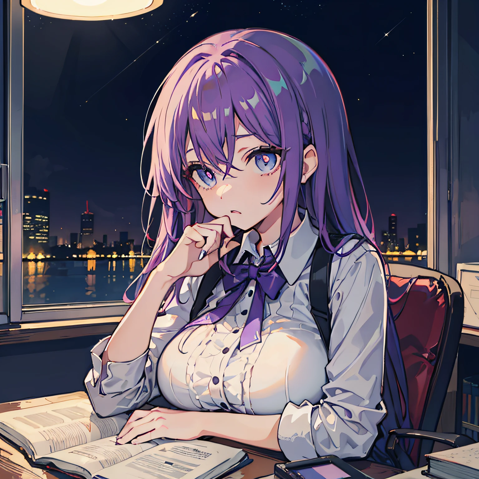 Beautiful woman Studying Focused face on desk atlibrary deep in the night murky nighttime scene starrysky Test Preparation Pupils Purple hair Studying Mathematics Colossal tits Beautiful eyes that seem to be sucked in