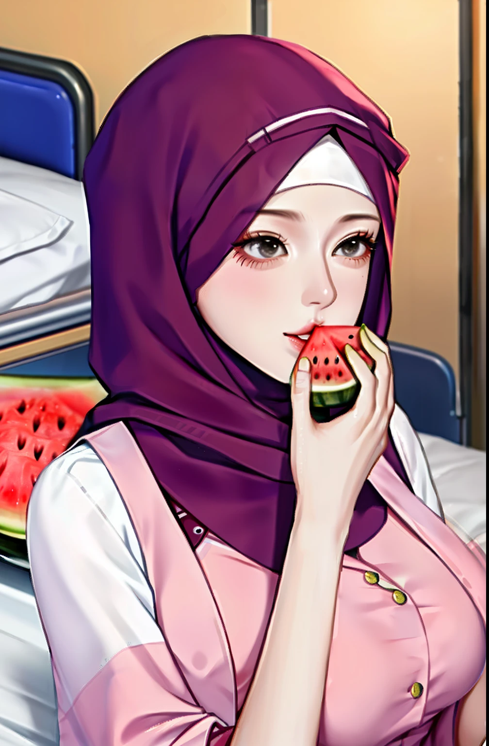 A hijab woman lies on a hospital room, super big chest, showing super big chest, Looks weak。On the table next to the hospital bed was a fruit and a flower , eating watermelon fruit,