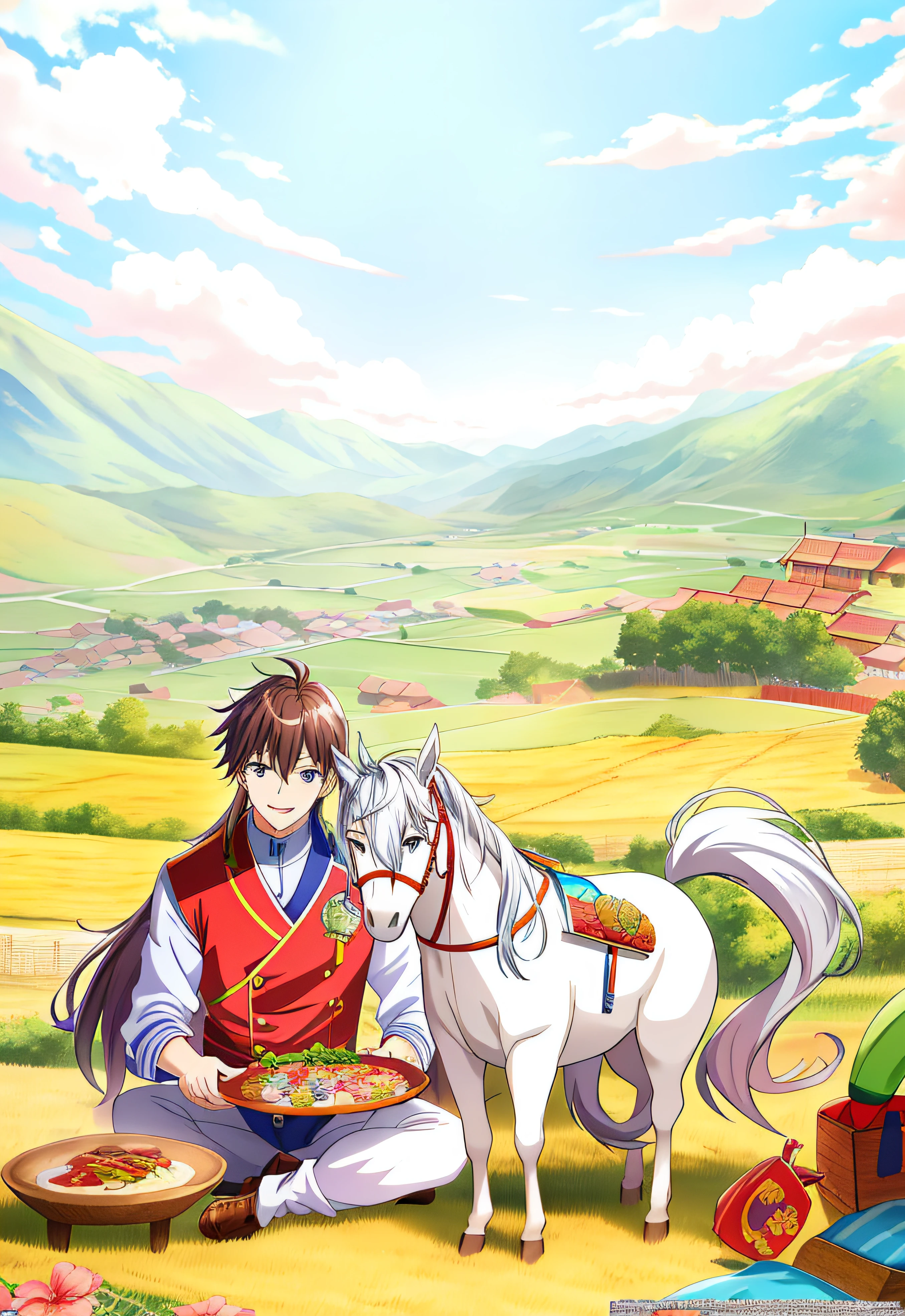 Anime anime wallpaper Man and horse in field, Have fun, Excitement and joy, The horse and his boy, Two plates of food,Mongolian, inspired by Matsumura Goshun, Official illustration, distant village background, Steppe sheep in the distance
