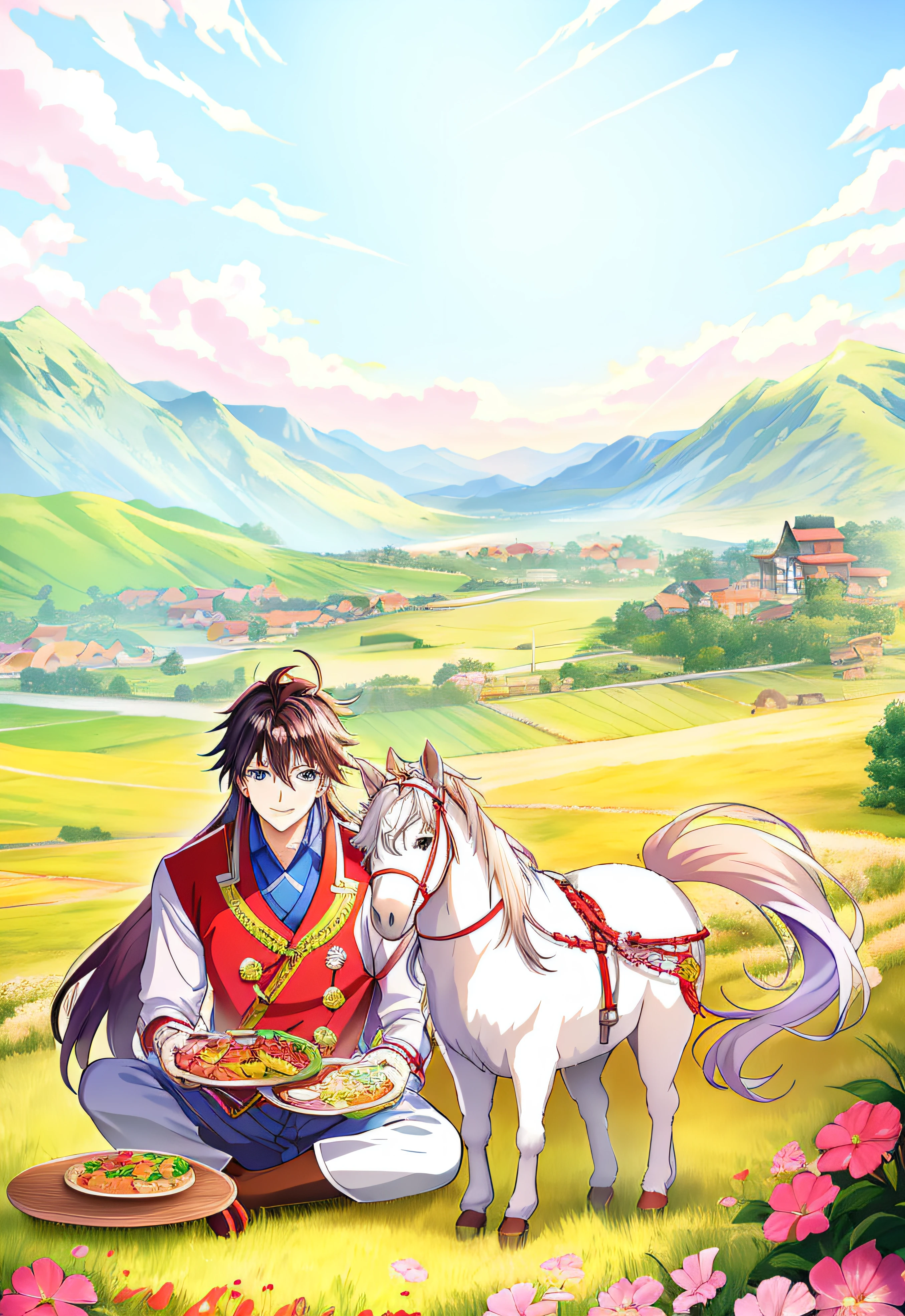 Anime anime wallpaper Man and horse in field, Have fun, Excitement and joy, The horse and his boy, Two plates of food,Mongolian, inspired by Matsumura Goshun, Official illustration, distant village background, Steppe sheep in the distance