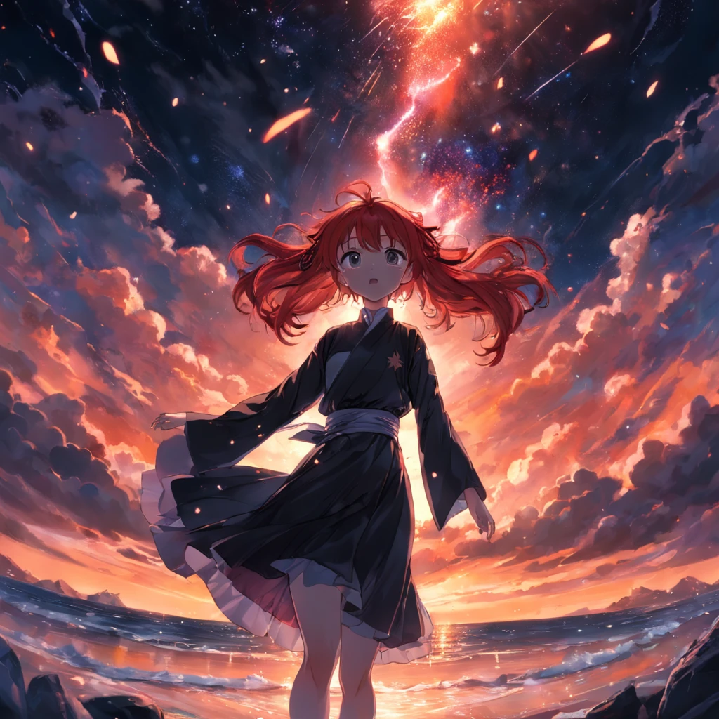 tmasterpiece,best qualtiy,cinematic Film still from,1girl,Red-haired black silk girl,starrysky,brightly,glitters,the sunset,full bodyesbian,Barefoot(spark of light:0.7)